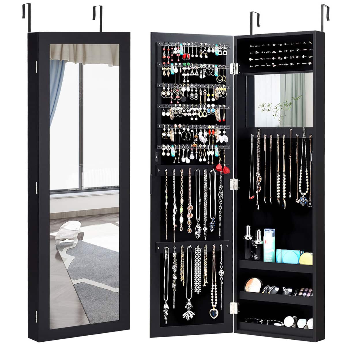 Front. Costway - Wall Door Mounted Mirrored Jewelry Cabinet Storage Organizer-Black - Black.