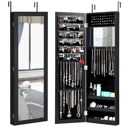 Front. Costway - Wall Door Mounted Mirrored Jewelry Cabinet Storage Organizer-Black - Black.