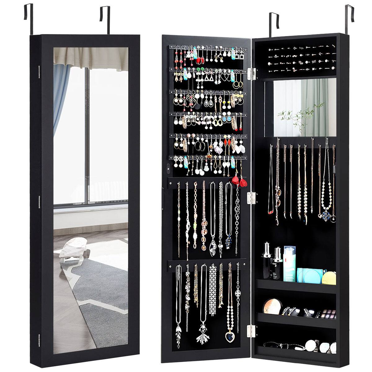 Costway - Wall Door Mounted Mirrored Jewelry Cabinet Storage Organizer - Black