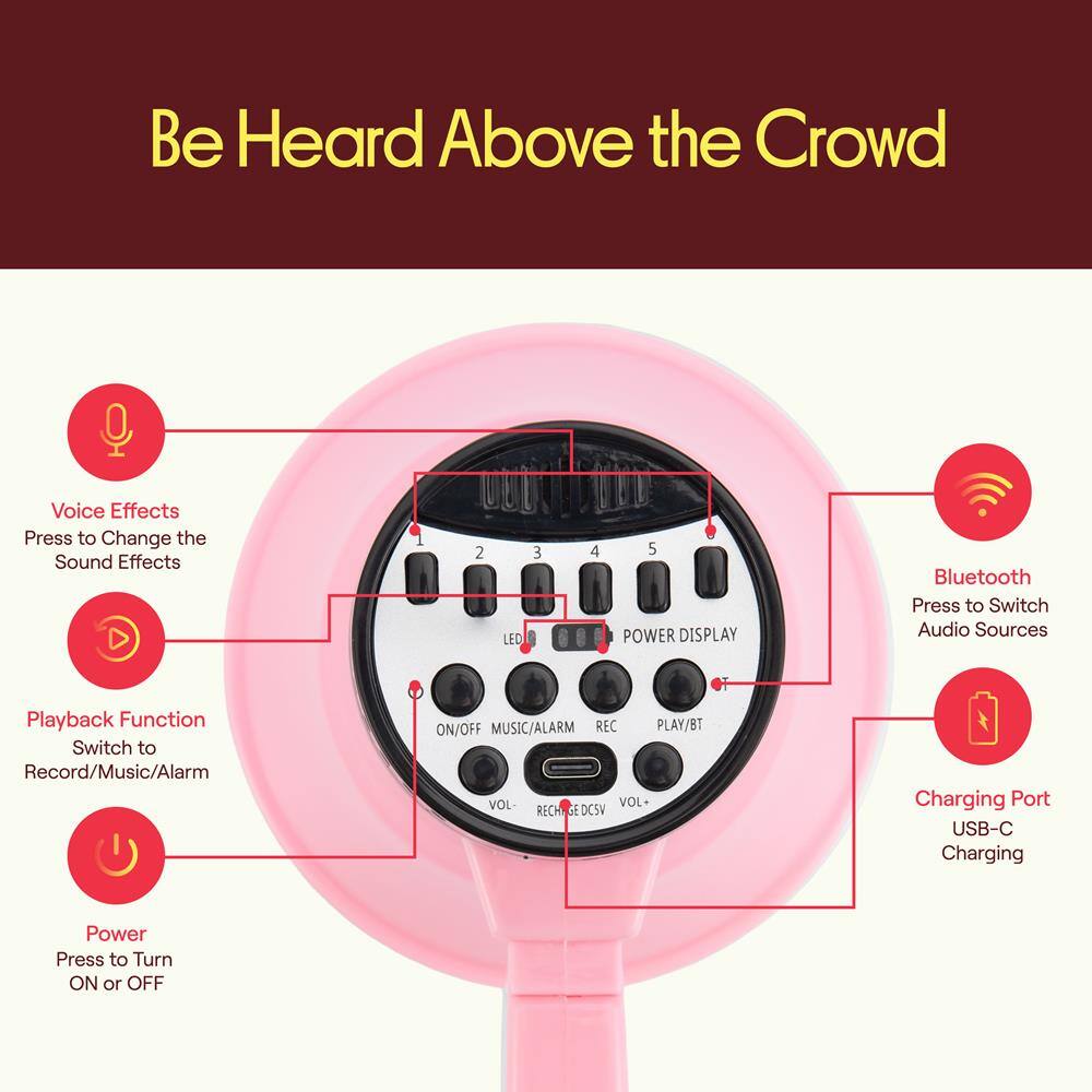 Be Heard Above the Crowd

Voice Effects
Press to Change the Sound Effects

Playback Function
Switch to Record/Music/Alarm

Power
Press to Turn ON or OFF

Bluetooth
Press to Switch Audio Sources

Charging Port
USB-C Charging