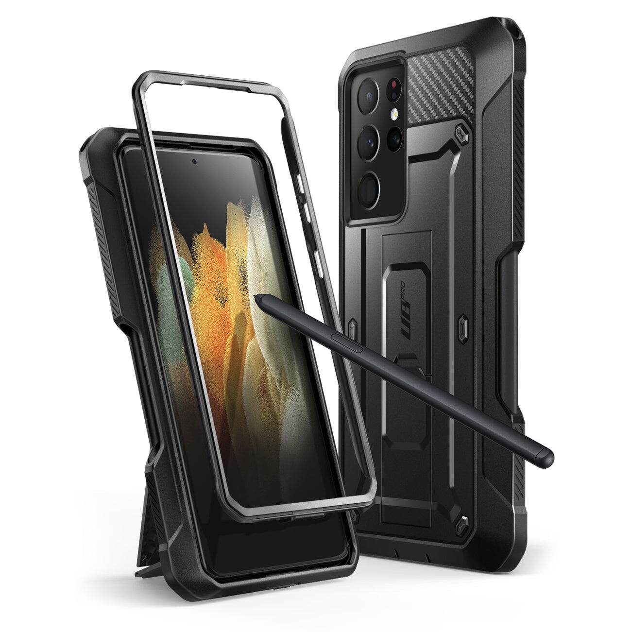 Angle. SUPCASE - Unicorn Beetle Pro Rugged Holster Case for Samsung Galaxy S21 Ultra – Full-Body Protection with Kickstand & Belt Clip - Black.