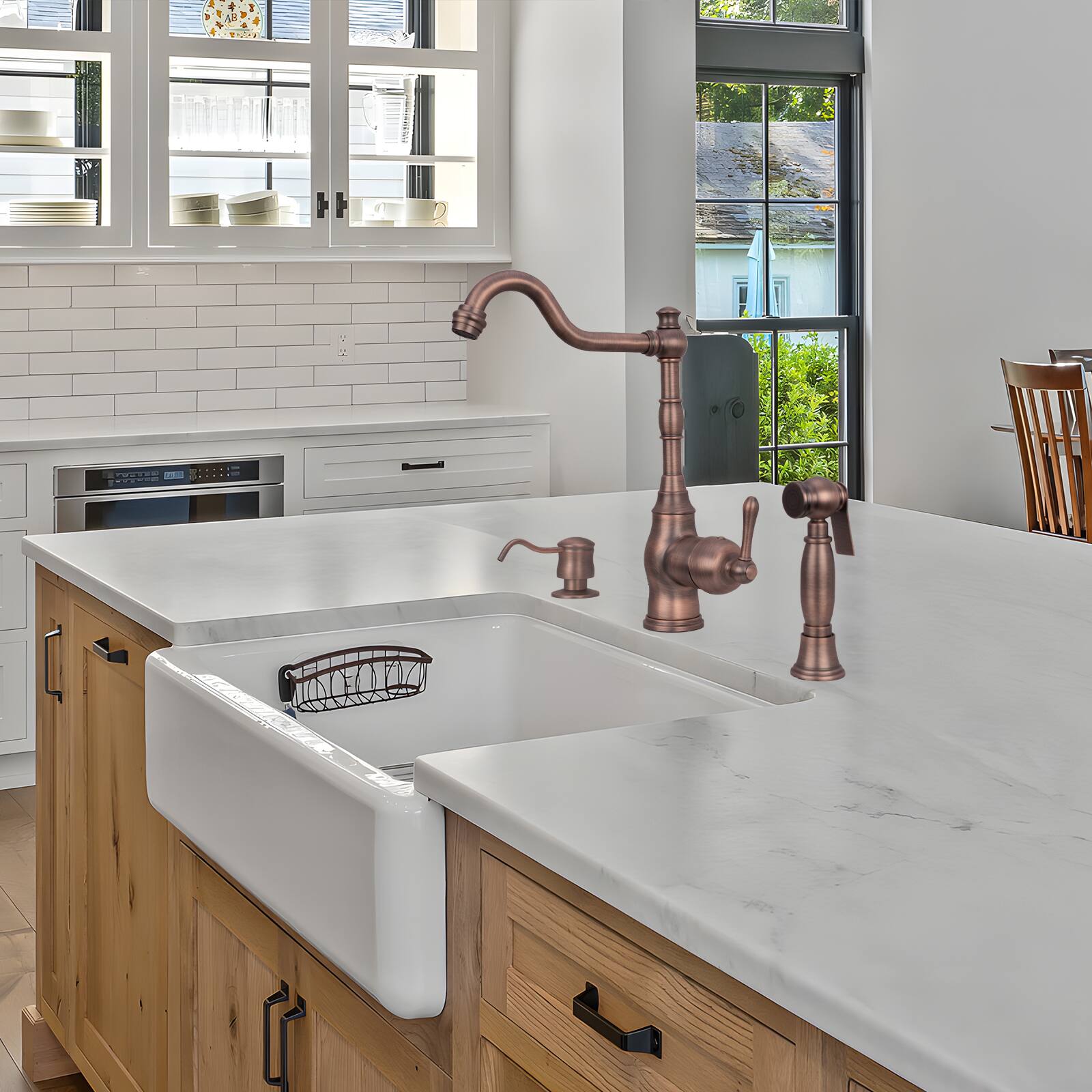 Alt View 4. Akicon - Akicon Solid Brass One-Handle 360° Swivel Widespread Kitchen Faucet with Side Spray in Antique Brass - Antique Brass.