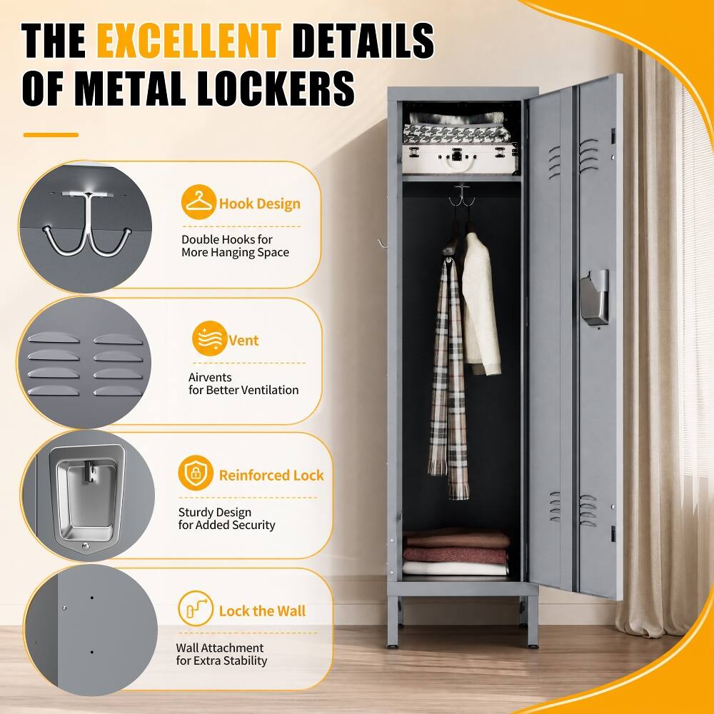 THE EXCELLENT DETAILS OF METAL LOCKERS

- Hook Design
  - Double Hooks for More Hanging Space

- Vent
  - Airvents for Better Ventilation

- Reinforced Lock
  - Sturdy Design for Added Security

- Lock the Wall
  - Wall Attachment for Extra Stability