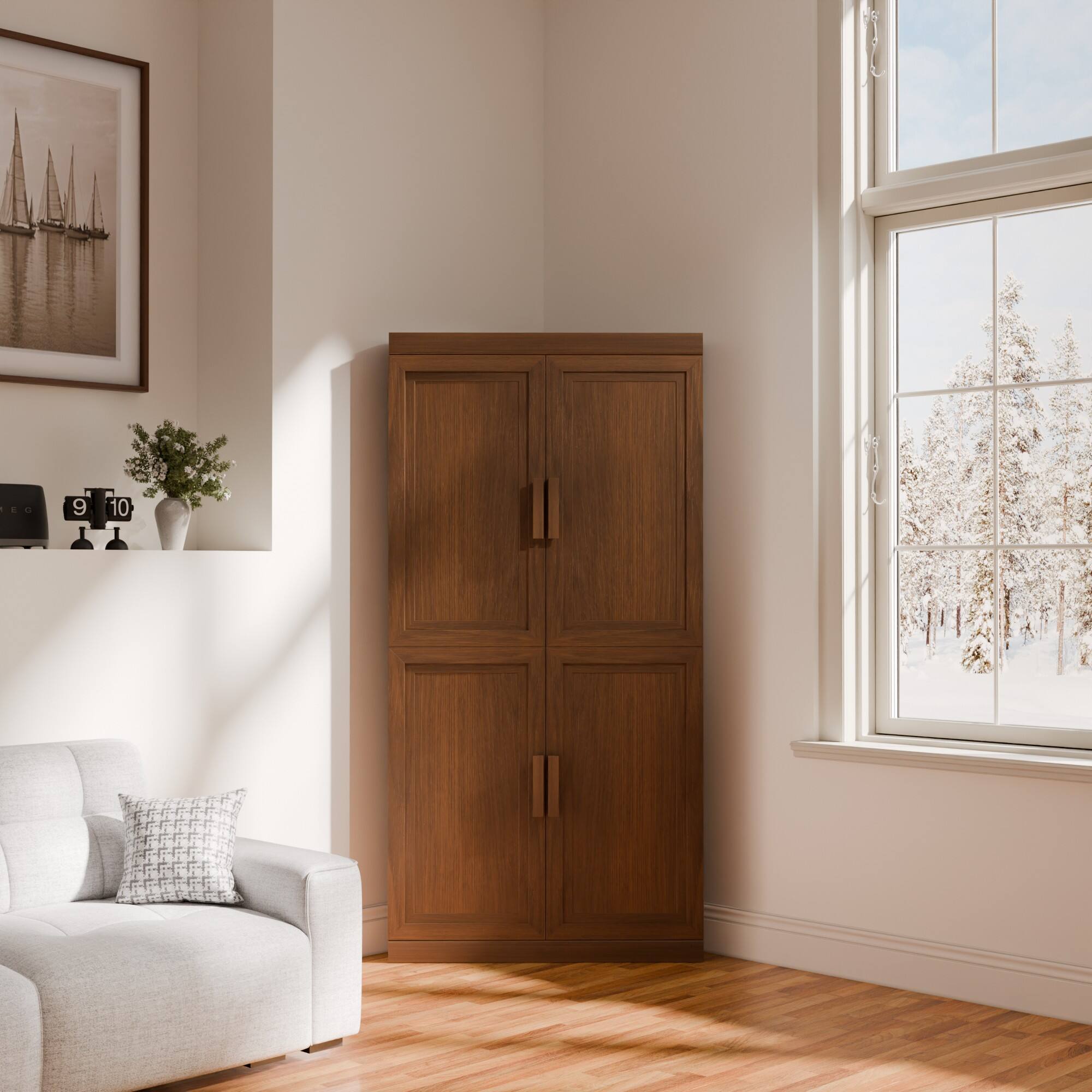 Alt View 1. PexFix - 62" Farmhouse Corner Accent Storage Cabinet with Solid Wood Doors and Adjustable Shelves for Space-Saving - Walnut.