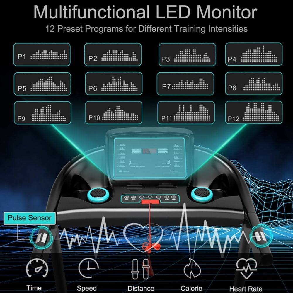Multifunctional LED Monitor  
12 Preset Programs for Different Training Intensities  
P1 P2 P3 P4 P5 P6 P7 P8 P9 P10 P11 P12  

Pulse Sensor  
Time  
Speed  
Distance  
Calorie  
Heart Rate