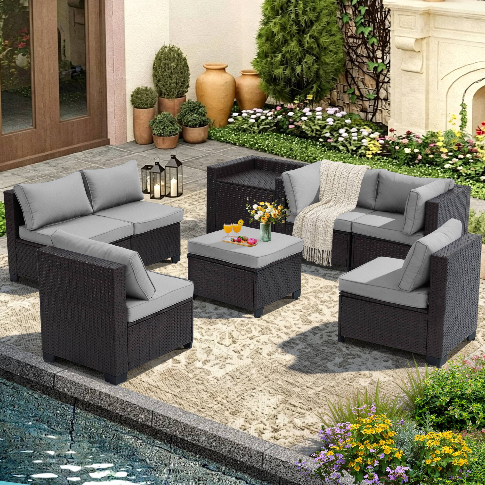 Ainfox 8 PCS Outdoor Patio Rattan Sectional Storage Wicker Furniture ...