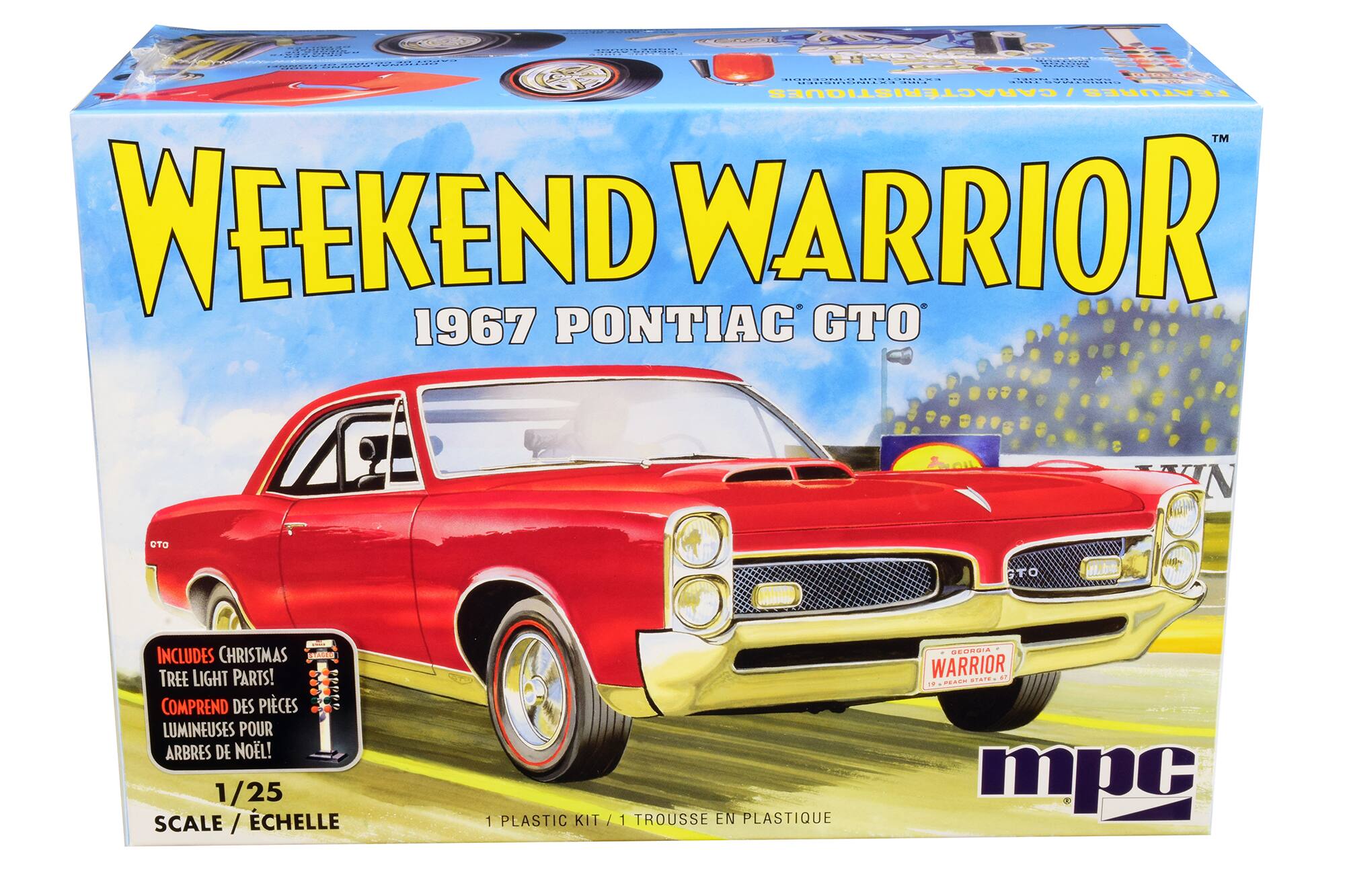 WEEKEND WARRIOR  
1967 PONTIAC GTO  

INCLUDES CHRISTMAS TREE LIGHT PARTS!  
COMPREND DES PIÈCES LUMINEUSES POUR ARBRES DE NOËL!  

1/25 SCALE / ÉCHELLE  
1 PLASTIC KIT / 1 TROUSSE EN PLASTIQUE  

mpc