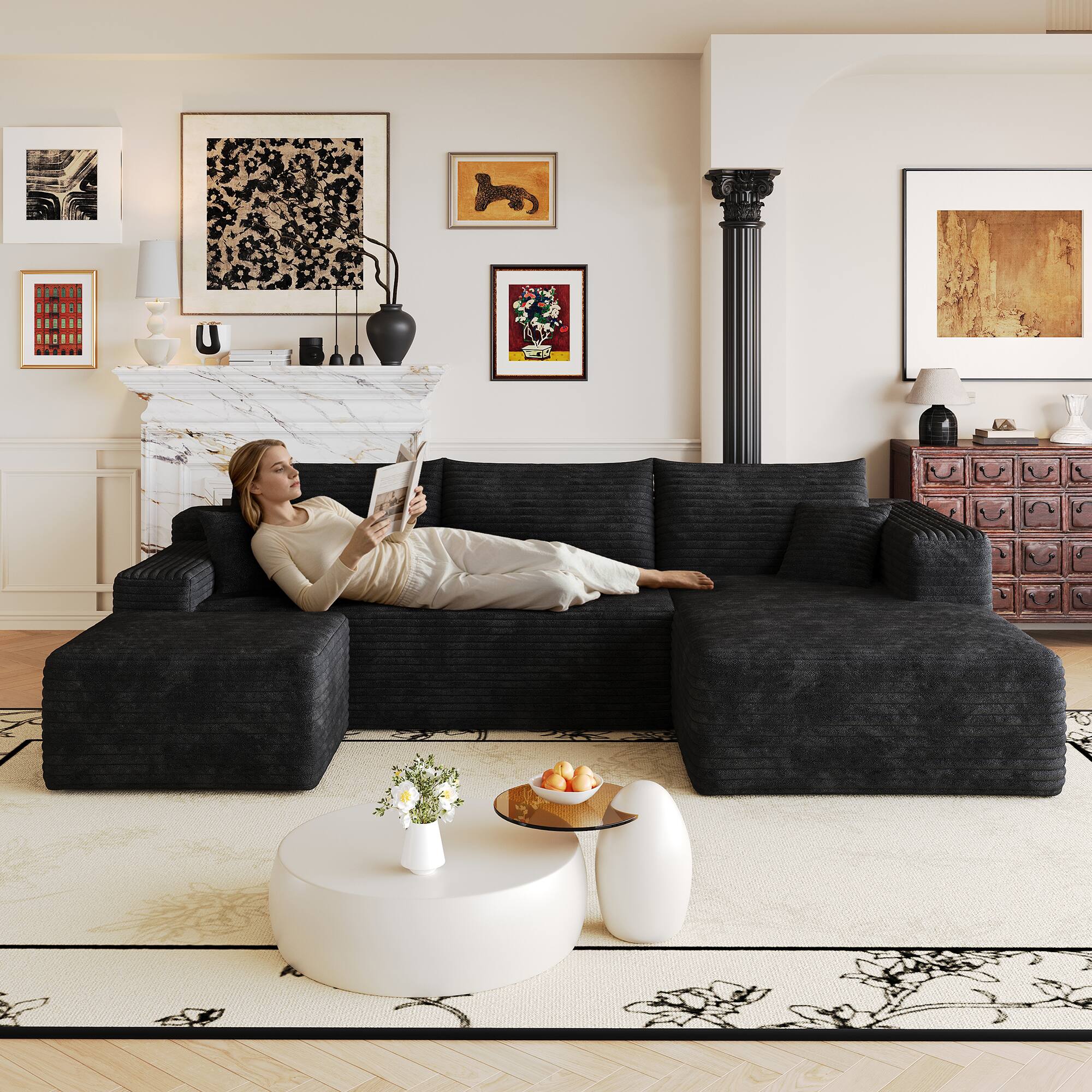 Alt View 3. Meqiodas - Modular Sectional Sofa, L Shaped Could Couch with Ottoman, Wide Deep Seat Comfy Couch for Living Room, Bedroom - Black.