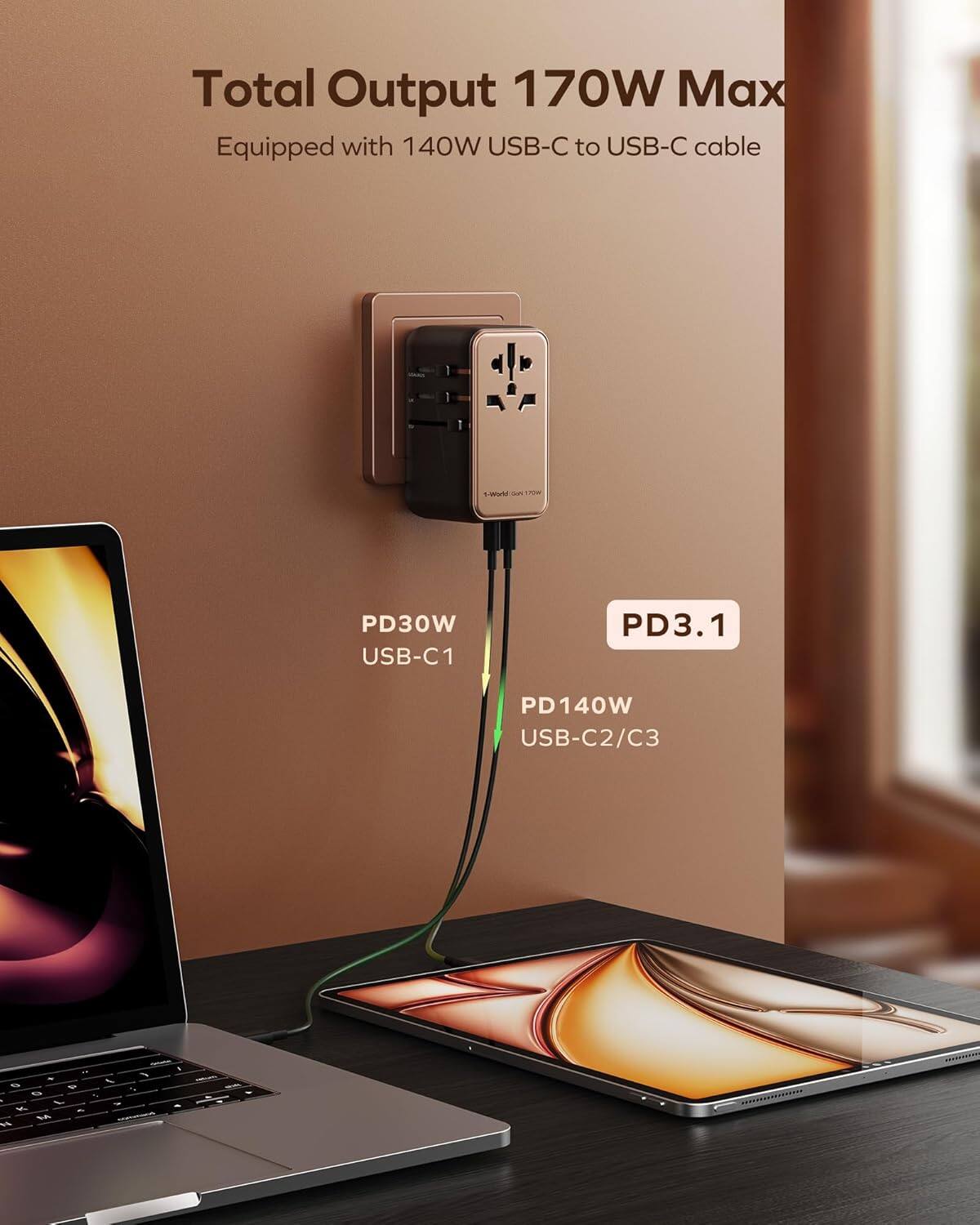 Total Output 170W Max  
Equipped with 140W USB-C to USB-C cable  
PD30W USB-C1  
PD3.1  
PD140W USB-C2/C3