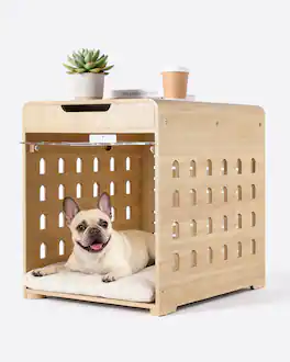 Sugift - Dog Crate Furniture End Table With 4-in-1 Charging Station Hidden Door For Small Dogs Up To 45lb - Oak