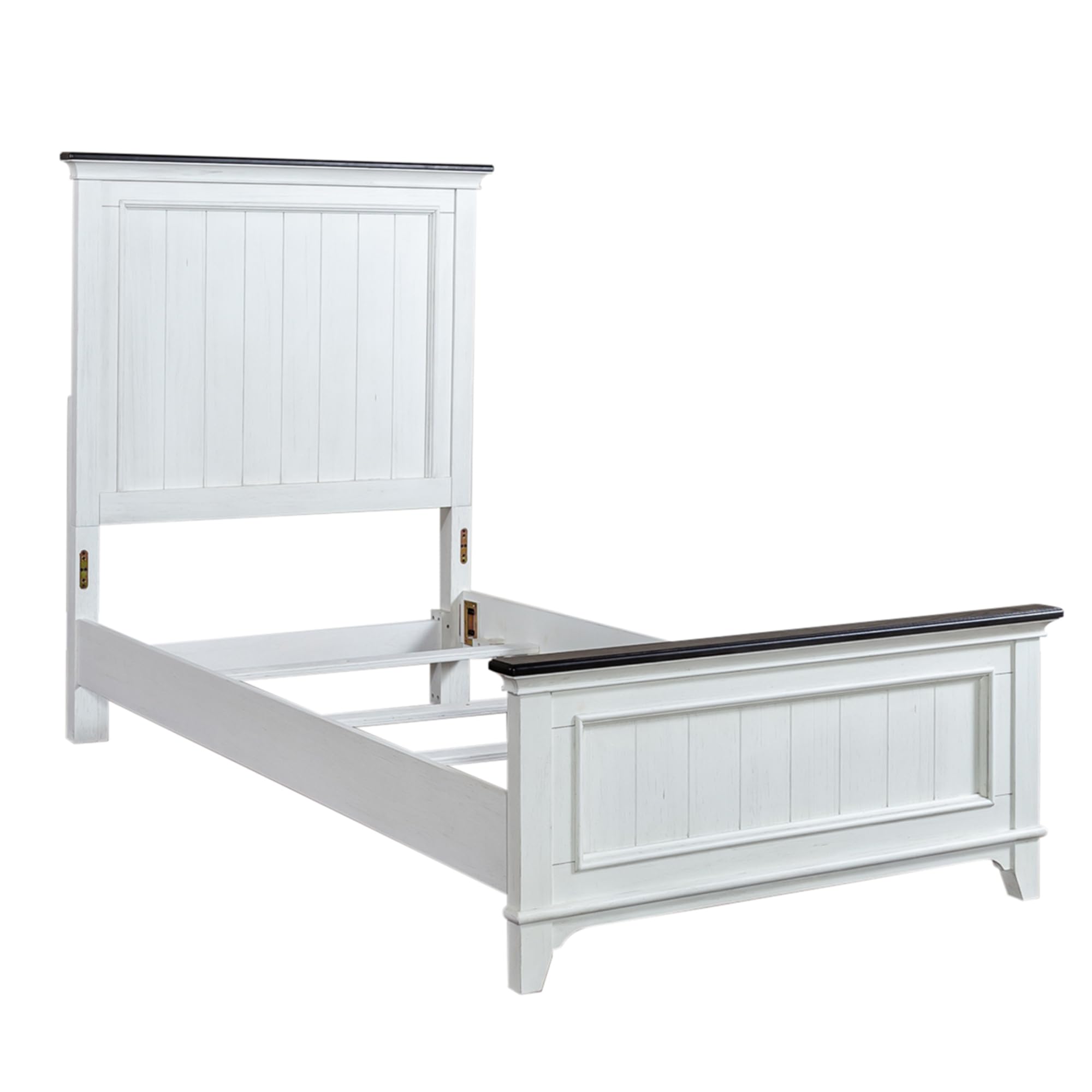 Angle. Liberty Furniture Industries - Twin Panel Bed in Poplar & Rubberwood Solids w/ Cathedral White Oak Tops - Wirebrushed White W/ Charcoal Top.