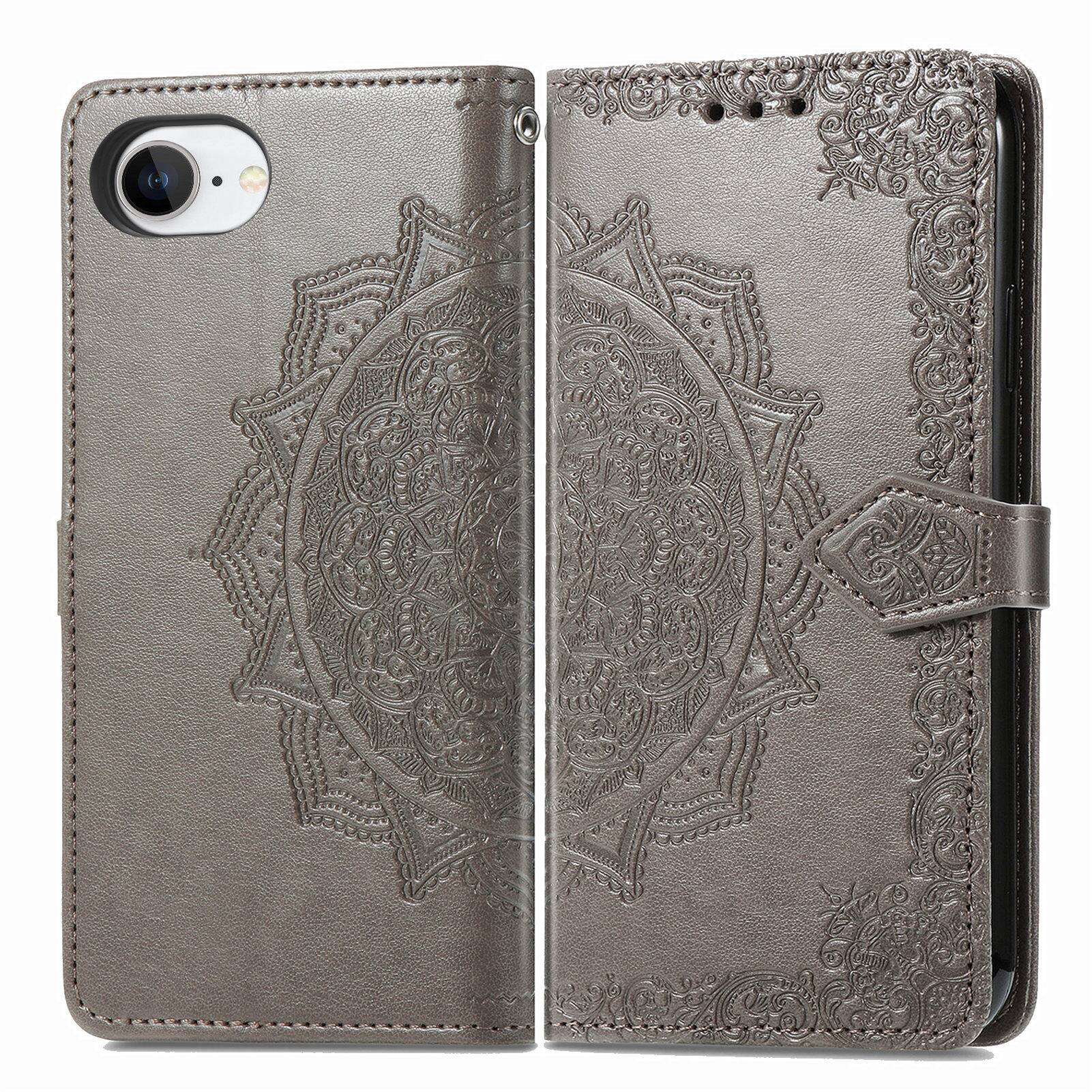 Back. Dteck - Magnetic Wallet Case For Apple iPhone 17E/16E, Shockproof Card Slots Stand Flip Phone Protective Cover with Hand Strap - Gray.
