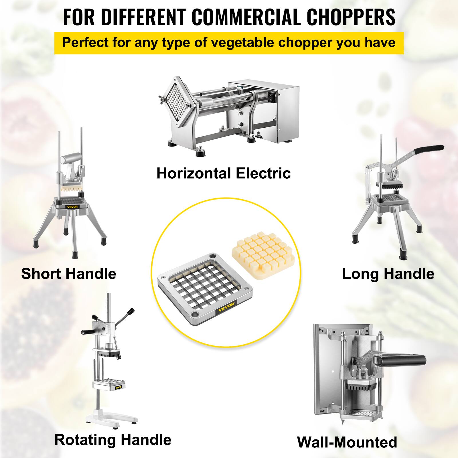 FOR DIFFERENT COMMERCIAL CHOPPERS Perfect for any type of vegetable chopper you have Horizontal Electric Short Handle 16 1 Long Handle Rotating Handle Wall-Mounted