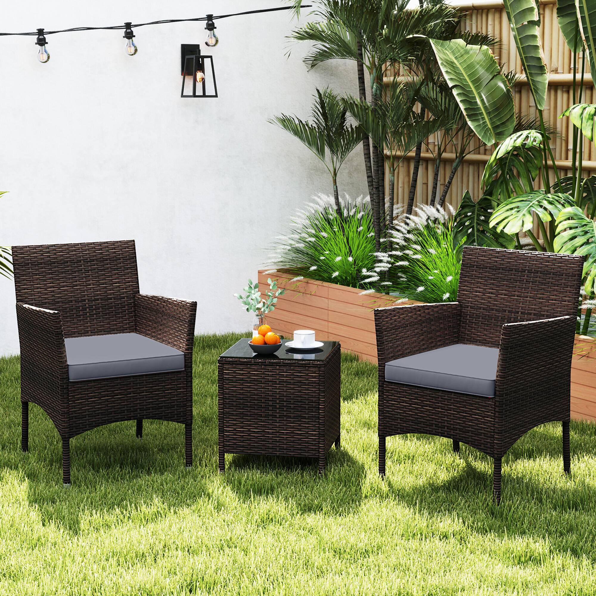 Alt View 8. Gymax - Gymax 3 PCS Outdoor Conversation Set w/ Cushioned Seat & Tempered Glass Tabletop Gray - Gray.