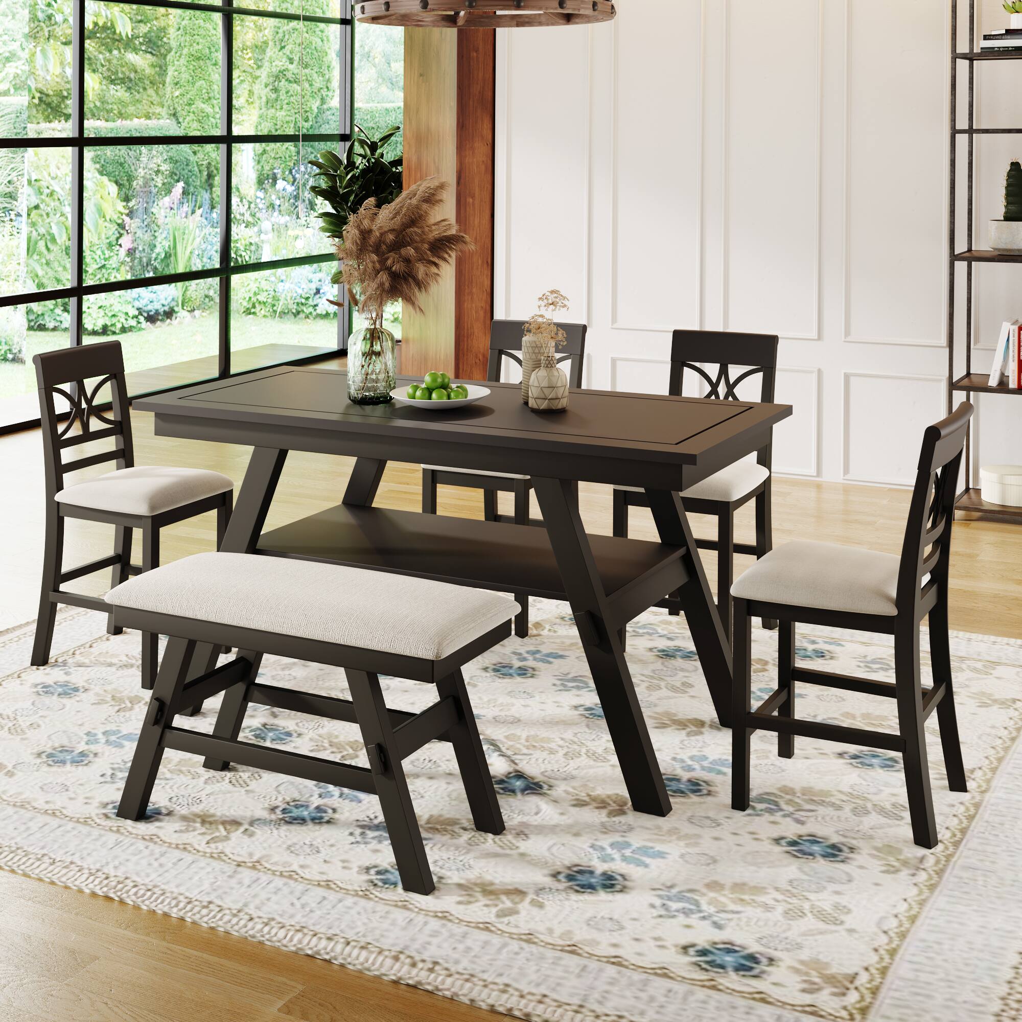 Angle. APRILSOUL - 6-Piece Wood Counter Height Dining Table Set with Storage Shelf with Bench and 4 Chairs Espresso+Beige Cushion - Espresso.