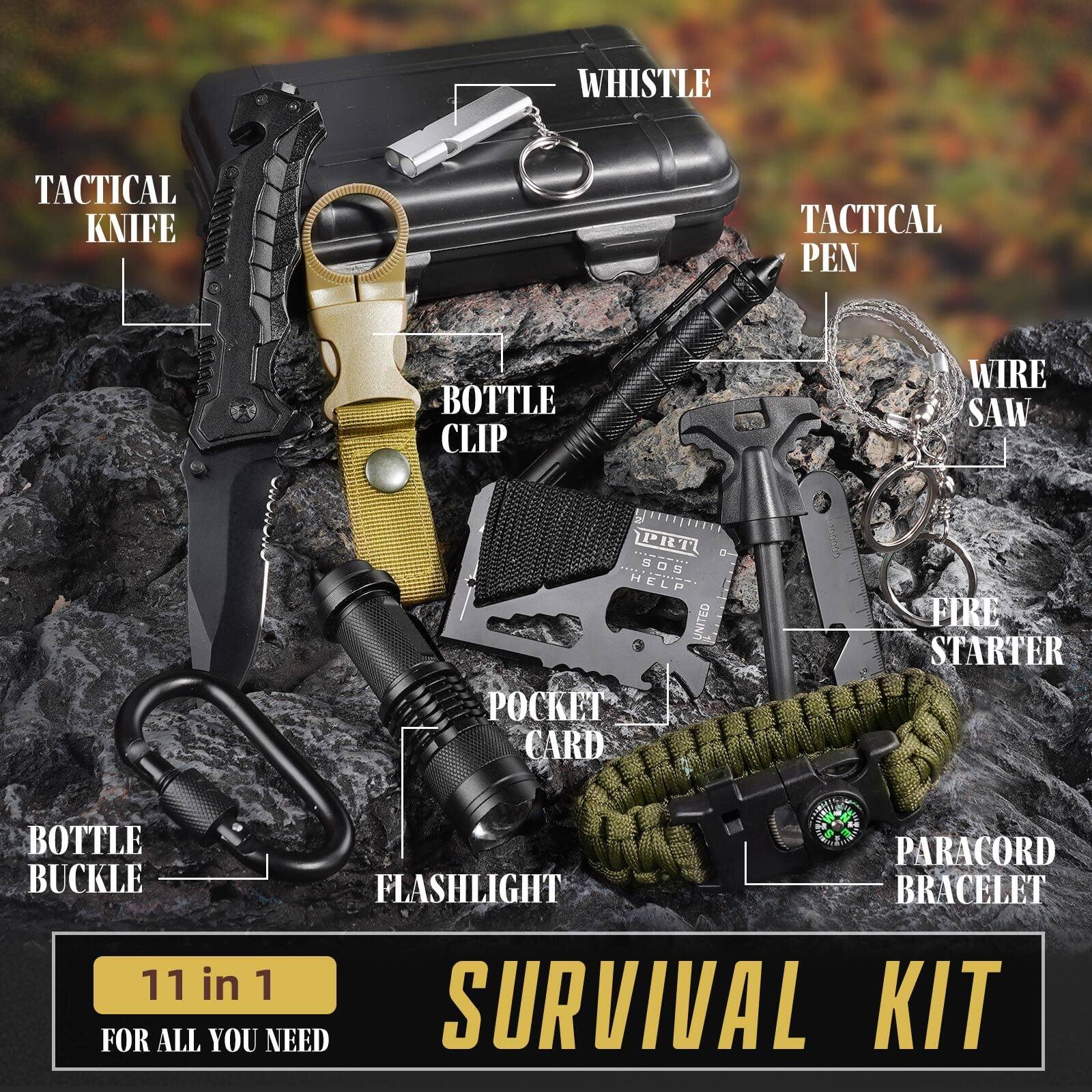 Sure, here is the corrected and grouped text from the image:

- **Tactical Knife**
- **Whistle**
- **Tactical Pen**
- **Wire Saw**
- **Fire Starter**
- **Pocket Card**
- **Bottle Clip**
- **Bottle Buckle**
- **Flashlight**
- **Paracord Bracelet**
- **11 in 1**
- **For All You Need**
- **Survival Kit**