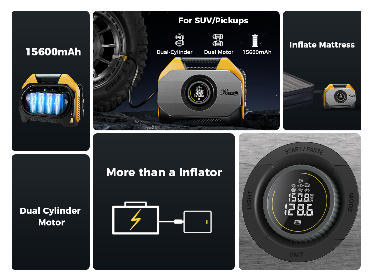 - 15600mAh
- For SUV/Pickups
- Dual-Cylinder
- Dual Motor
- 15600mAh
- Inflate Mattress
- More than a Inflator
- Dual Cylinder Motor
- START / PAUSE
- MODE
- UNIT