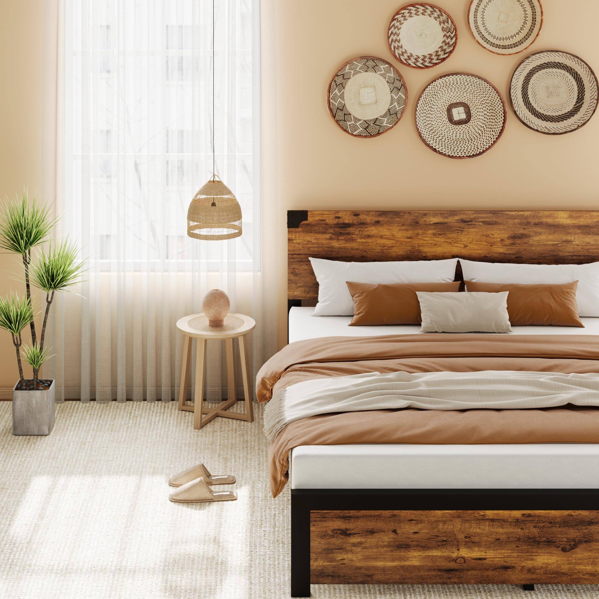 Back. Homhougo - Queen Size Bed Frame with Wood Headboard, Queen Platform Bed Frame - Brown.