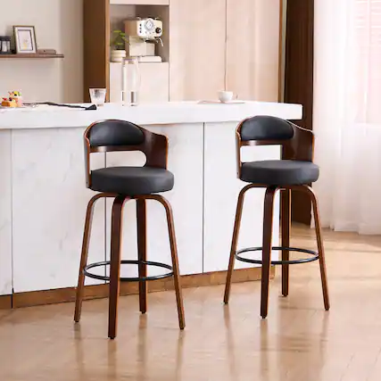 Front. FERPIT - FERPIT Faux Leather Swivel Counter Bar Stools with Wood Legs Set of 2, Black, 30" - Black.