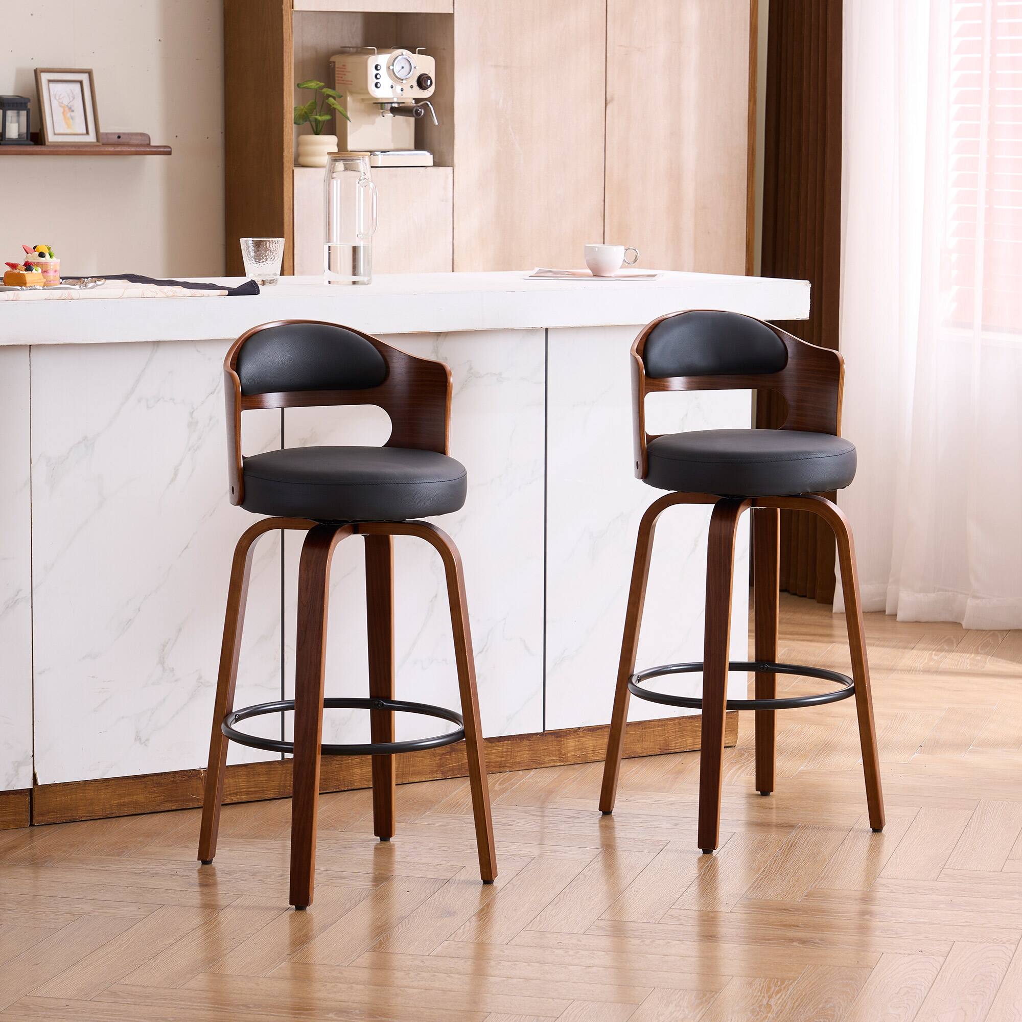 Front. FERPIT - FERPIT Faux Leather Swivel Counter Bar Stools with Wood Legs Set of 2, Black, 30" - Black.