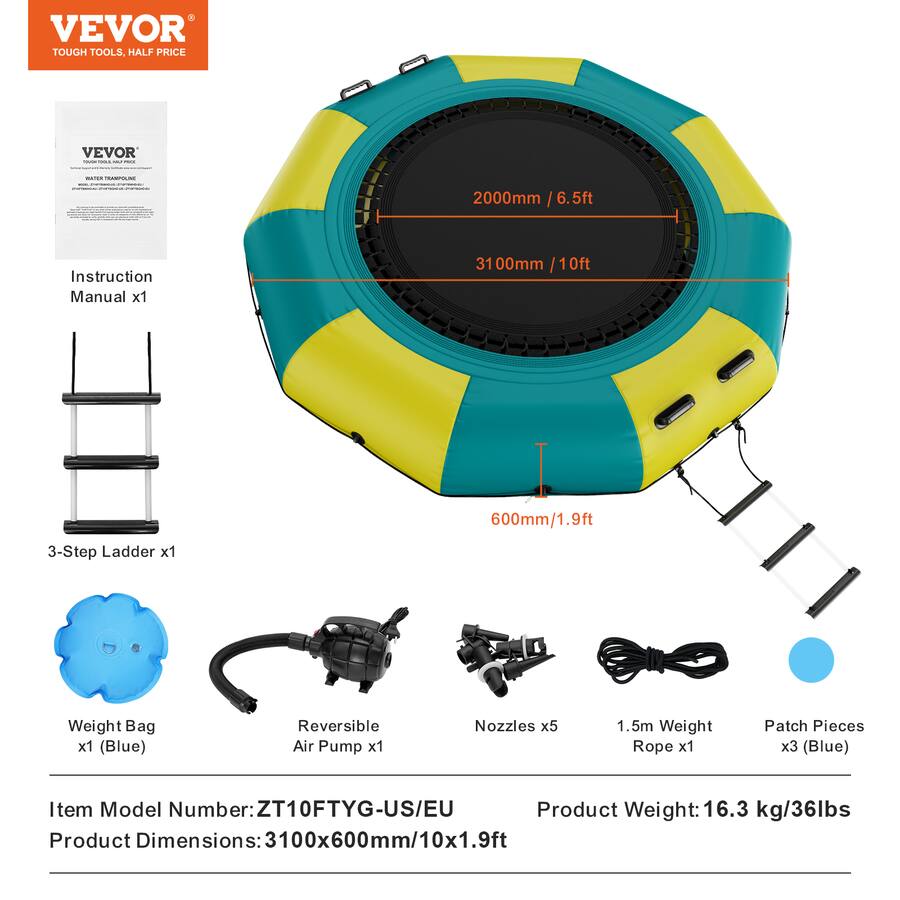 Football Rope Ladder VEVOR Inflatable Water Bouncer, 10ft Recreational Water Trampoline ...