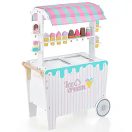 Costway - Kid's Ice Cream Cart Food Trunk Play Toy Set with Display Rack & Accessories - Blue,Pink