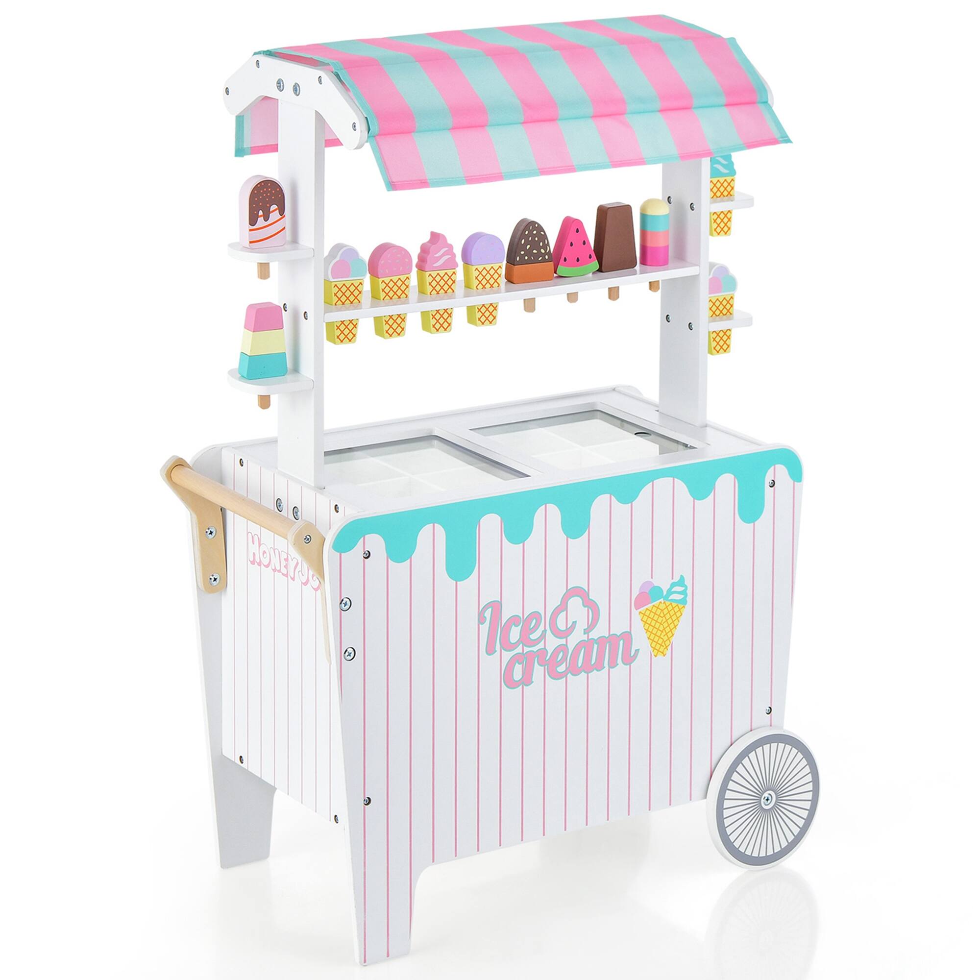 Costway - Kid's Ice Cream Cart Food Trunk Play Toy Set with Display Rack & Accessories - Blue,Pink