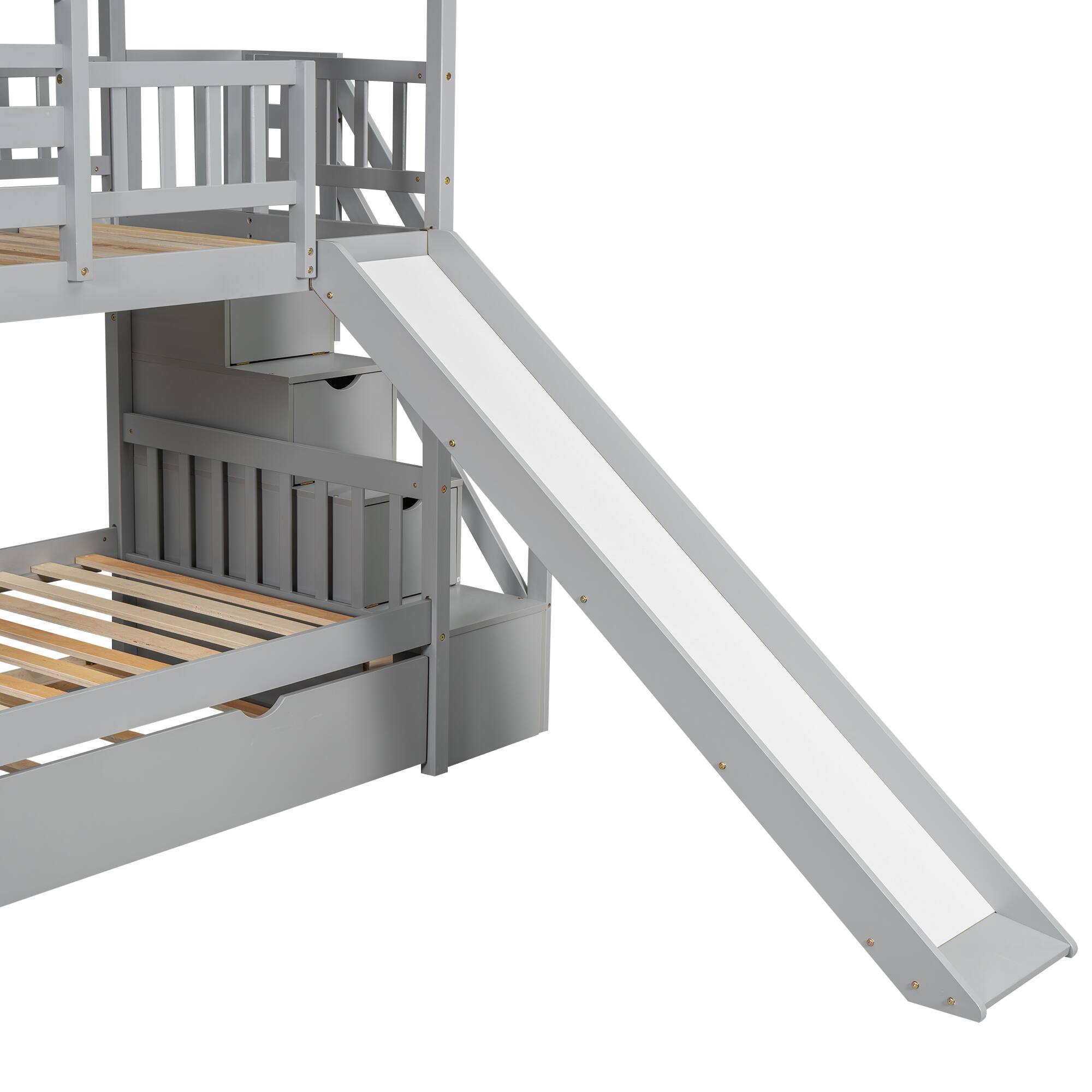 Alt View 5. Tiramisubest - Twin Bunk Bed with Trundle, Slide, Storage Staircase, Roof & Window, Gray - Gray.