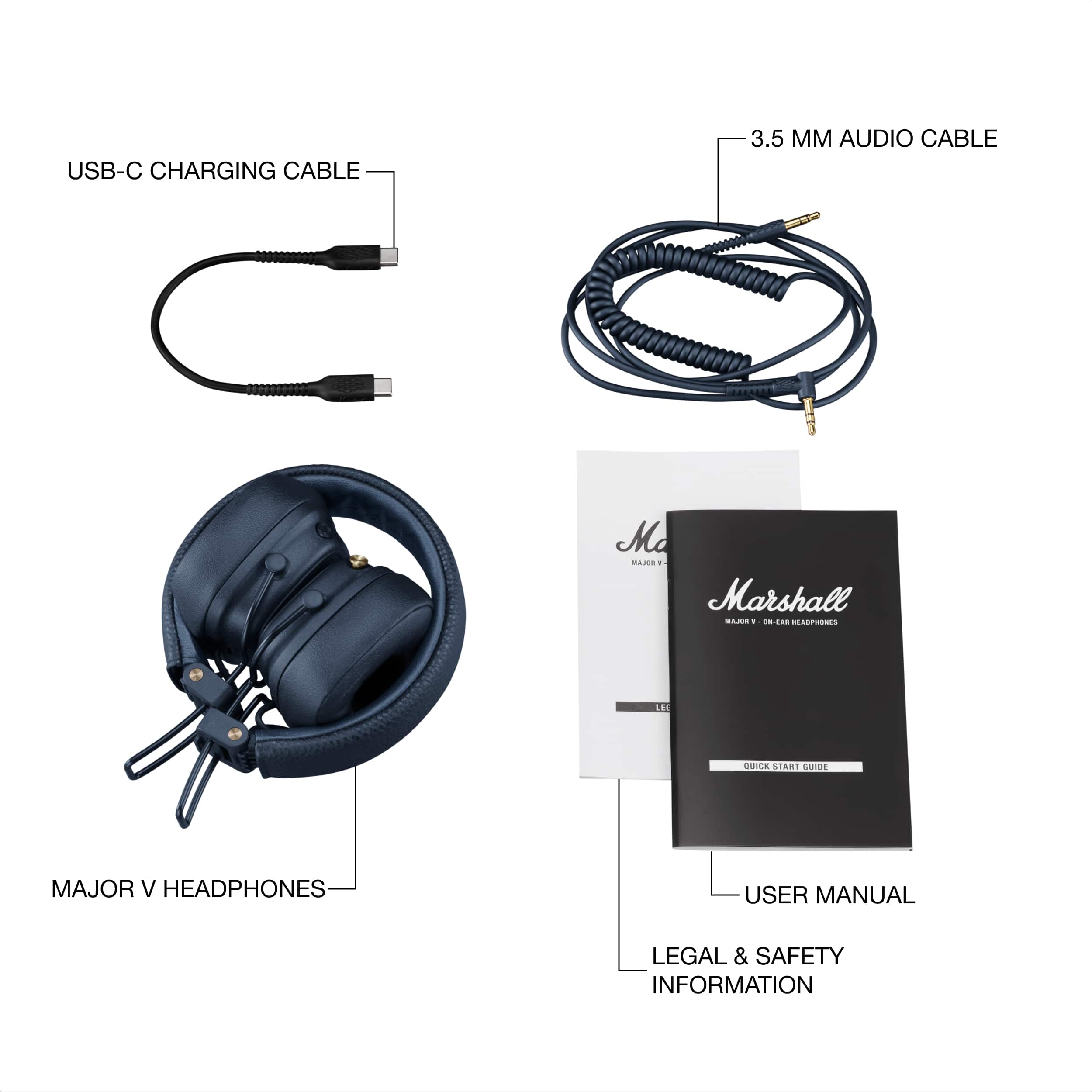 Marshall Major V Headphones USB-C Charging Cable 3.5mm Audio Cable User Manual Legal & Safety Information