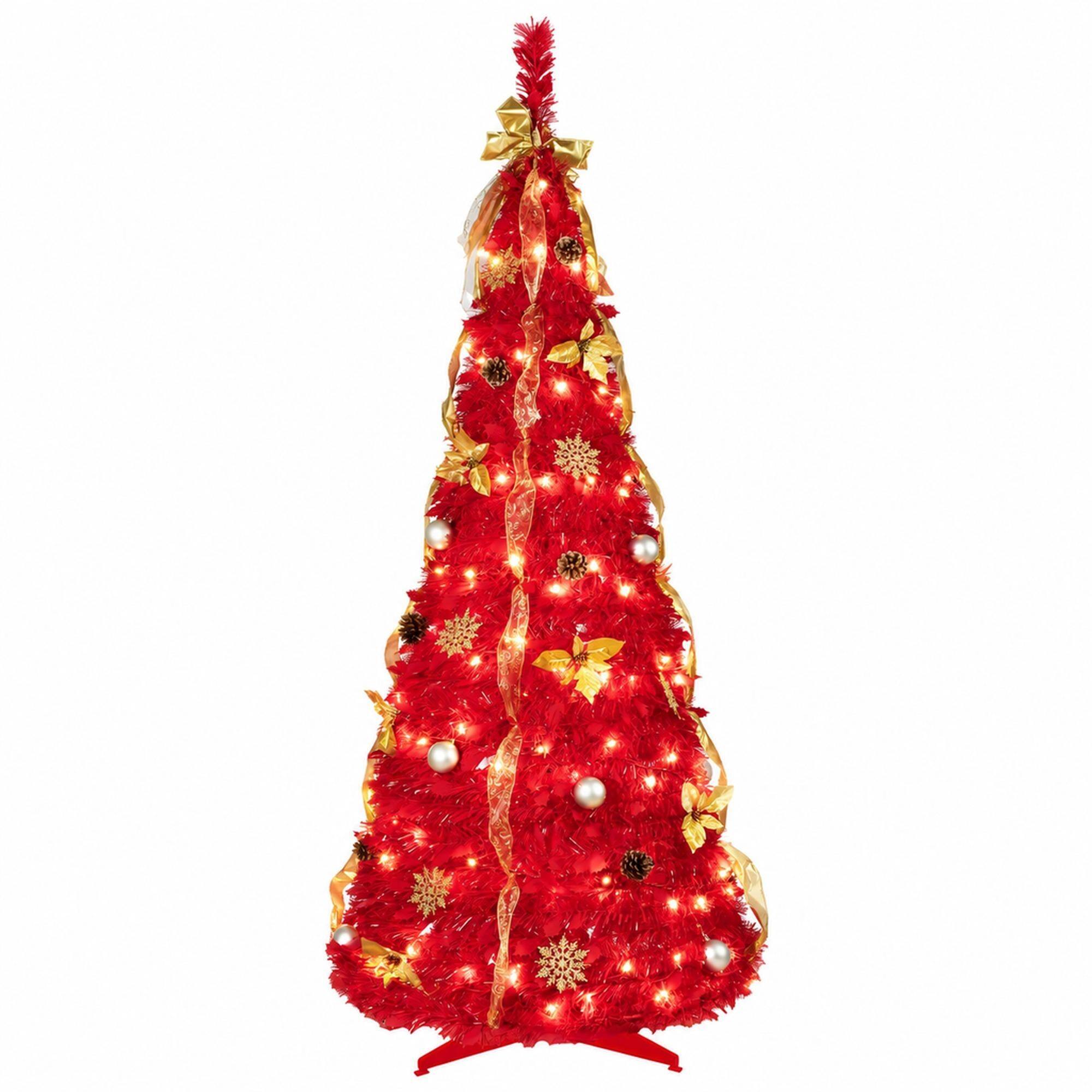 Front. RYHNUYNE - 6 Ft Red Pop-Up Artificial Christmas Tree With 150 Warm White LED Lights,Ornaments Included Easy Assembly Decor - Red.