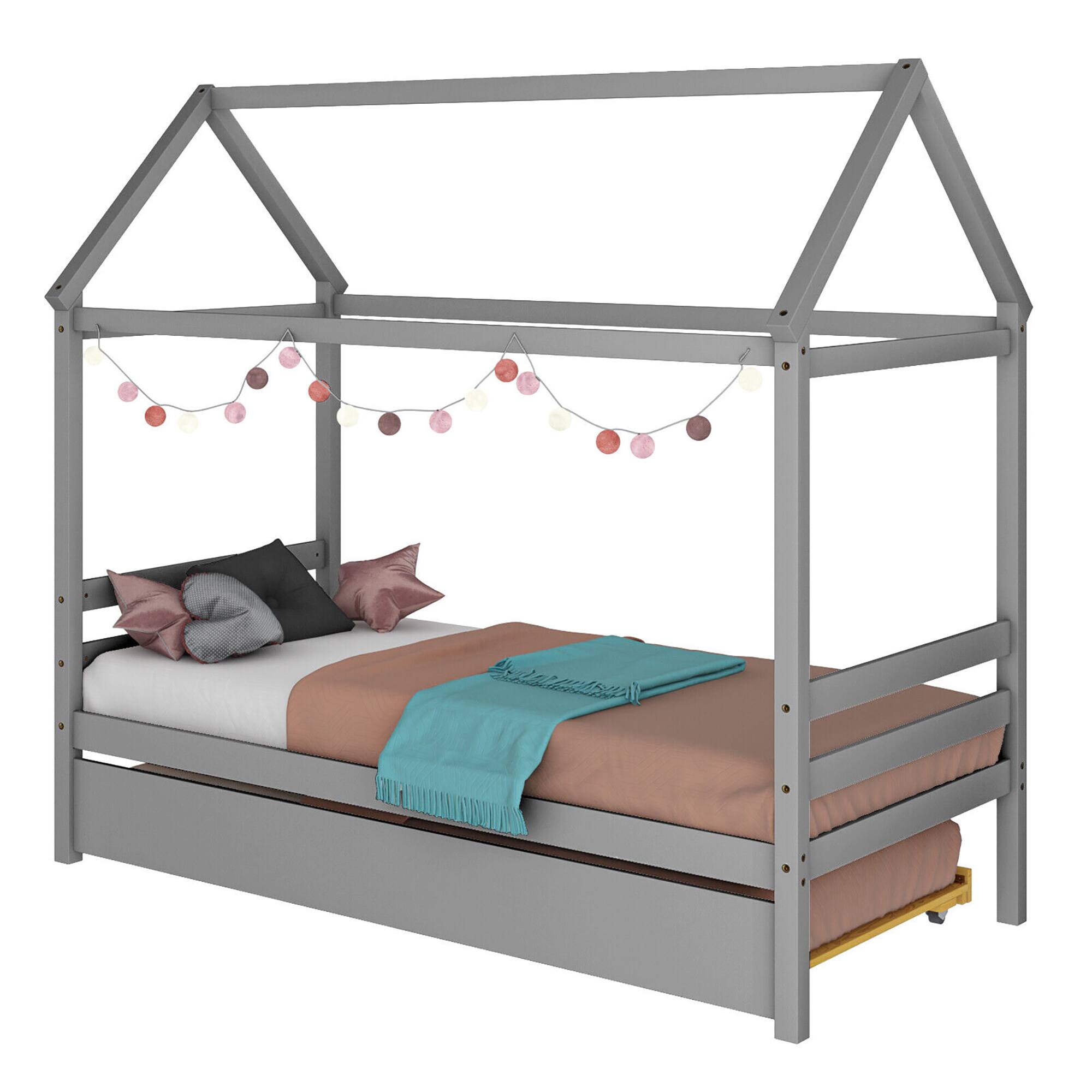 Alt View 8. Gymax - Gymax Twin House Bed Frame w/ Trundle Roof Wooden Platform Mattress Foundation Grey - Grey.