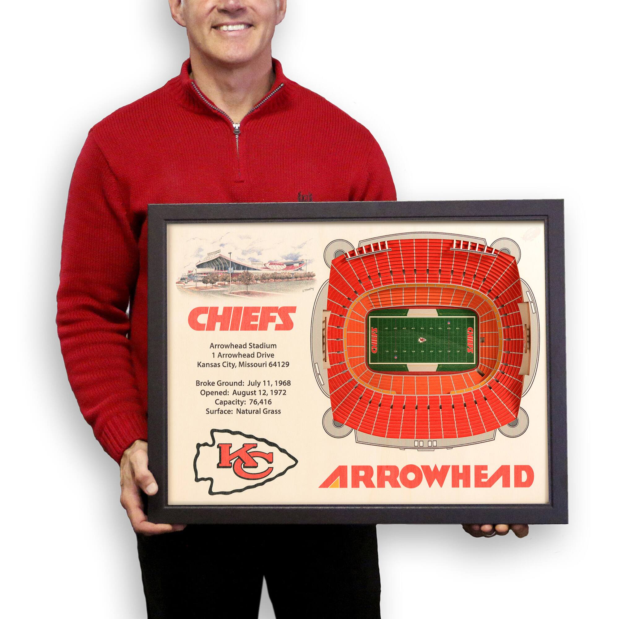 CHIEFS  
Arrowhead Stadium  
1 Arrowhead Drive  
Kansas City, Missouri 64129  

Broke Ground: July 11, 1968  
Opened: August 12, 1972  
Capacity: 76,416  
Surface: Natural Grass  

ARROWHEAD  

KC