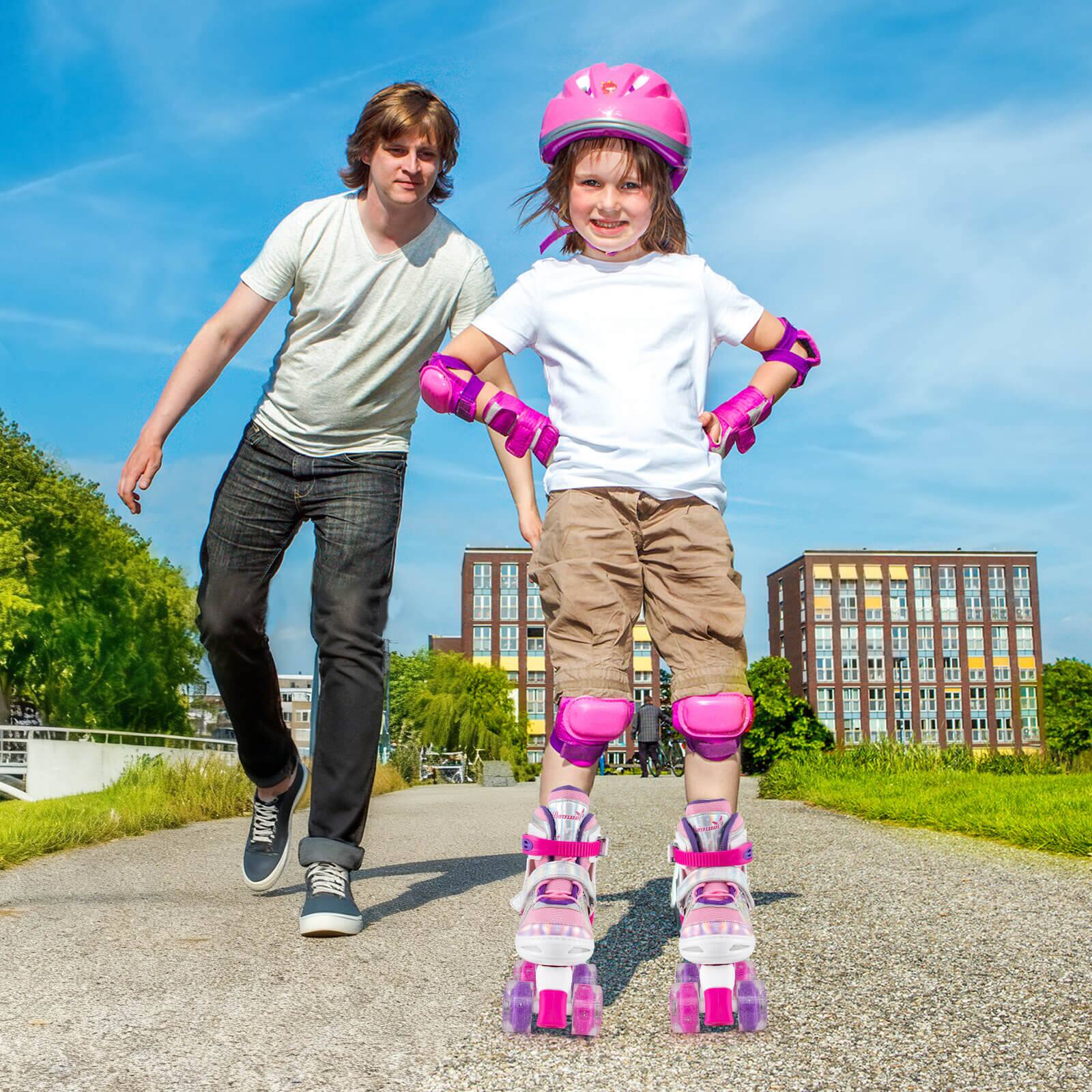 Alt View 4. Costway - Costway 4 Sizes Adjustable Quad Skates with Light-up Wheels Safety Protection for Ages 8-13 - Rose Red.