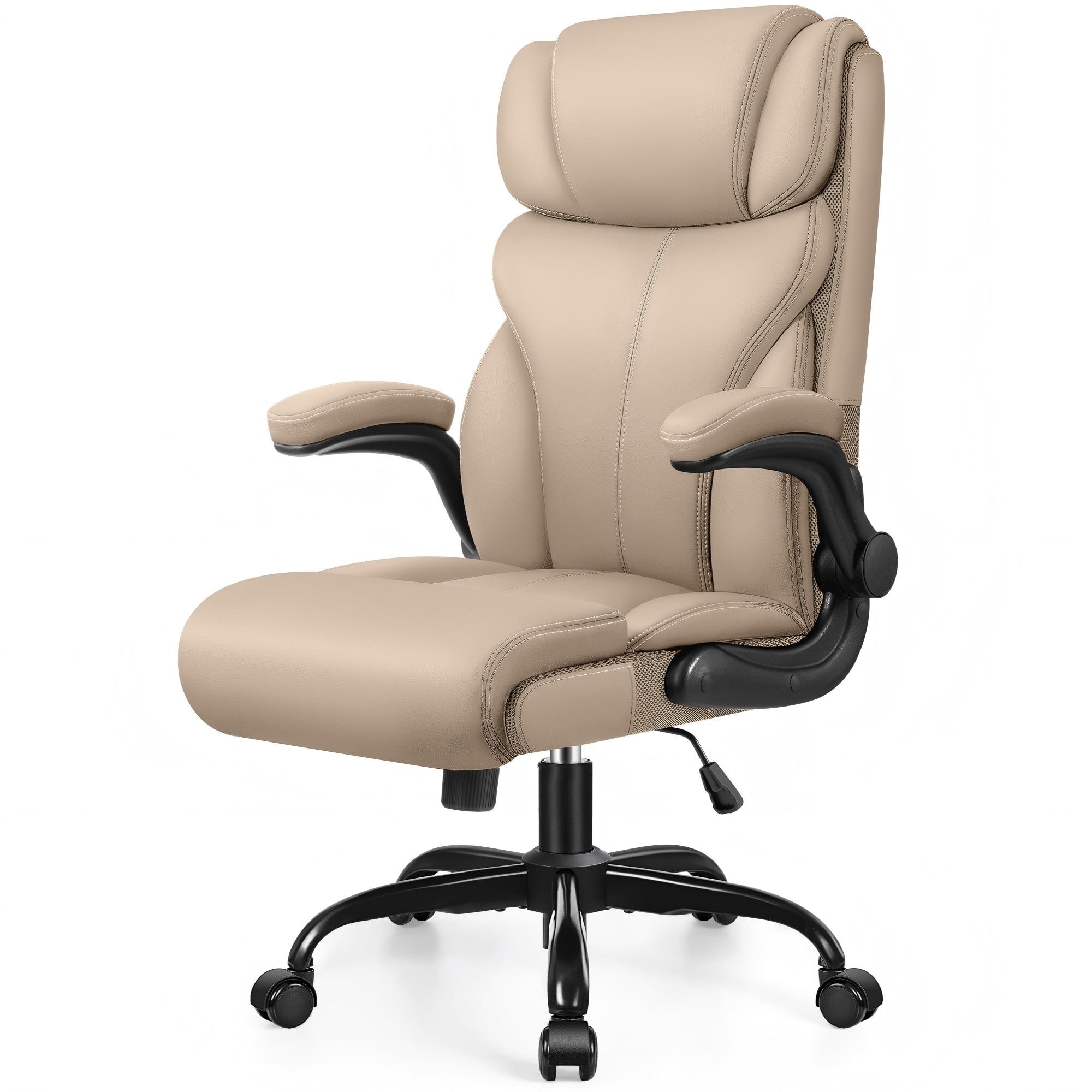 Front. Brick Attic - Office Chair, Ergonomic Computer Desk Chairs, Executive Leather Chair with Adjustable Flip-up Armrests, Rocking Function - Khaki.
