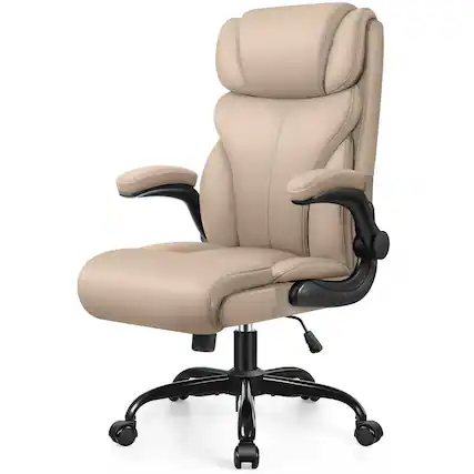 Front. Brick Attic - Office Chair, Ergonomic Computer Desk Chairs, Executive Leather Chair with Adjustable Flip-up Armrests, Rocking Function - Khaki.
