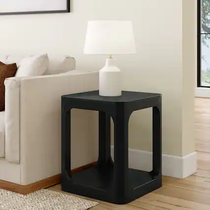 Front. Plank+Beam - Modern Rounded Square Side Table with Shelf (20in x 20in / 510mm x 510mm), Black - Black.