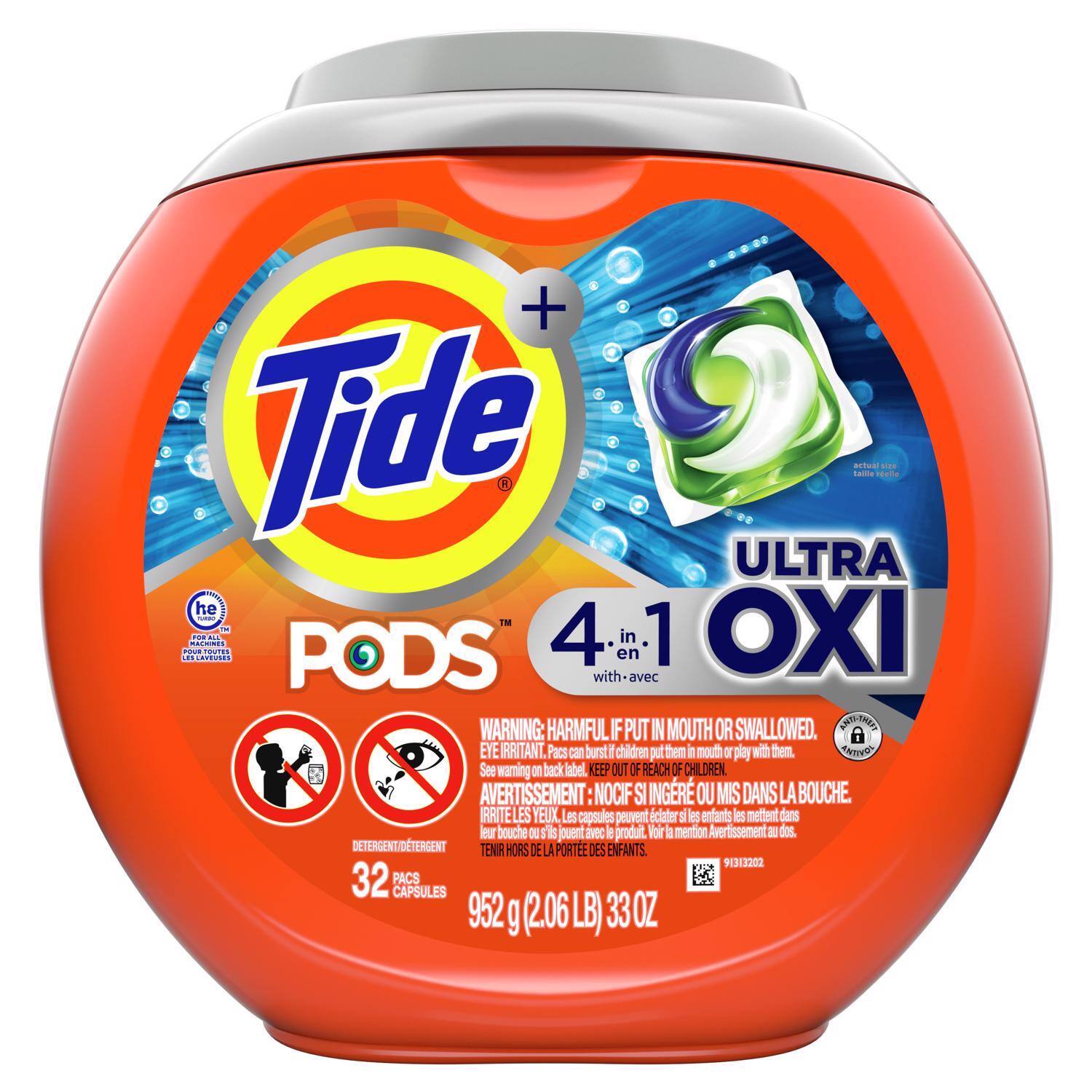 Tide Pods  
Ultra 4 in 1 Oxi  
32 Capsules  
952 g (2.06 lb) 33 oz  

WARNING: HARMFUL IF PUT IN MOUTH OR SWALLOWED. Pacs can burst if children put them in mouth or play with them. See warning on back label. KEEP OUT OF REACH OF CHILDREN.  

AVERTISSEMENT: NOCIF SI INGÉRÉ OU MIS DANS LA BOUCHE. Les capsules peuvent éclater si les enfants les mettent dans leur bouche. Voir la mention Avertissement au dos. TENIR HORS DE LA PORTEE DES ENFANTS.