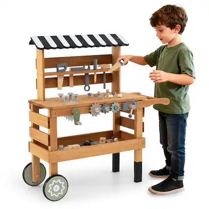 Front. Gymax - Gymax 2-in-1 Wooden Kids Cart & Tool Bench Play Workbench w/Realistic Tools Top Canopy - Brown.