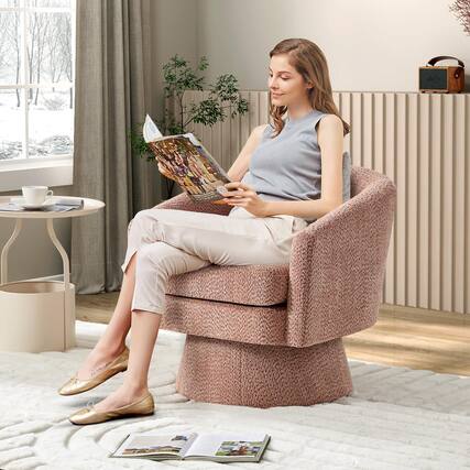 Front. Babevy - 360°Swivel Accent Chair with Arms,Cozy Round Chenille Fabric and Soft Cushion Arm Chair - Pink.