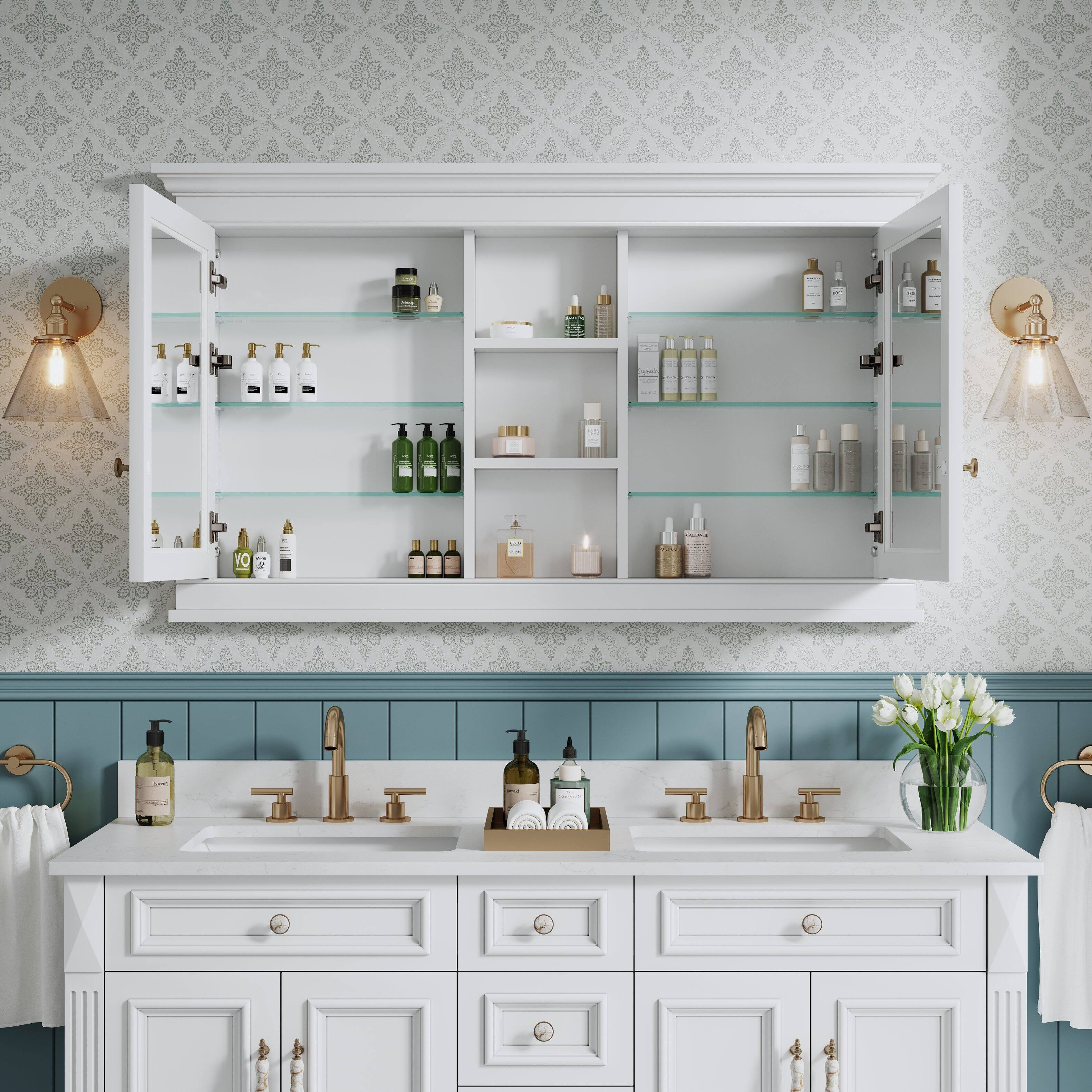 Left. WELLFOR - 55-Inch W x 32-Inch H Recessed Solid Rubberwood Medicine Cabinet with Mirrored Door - White.
