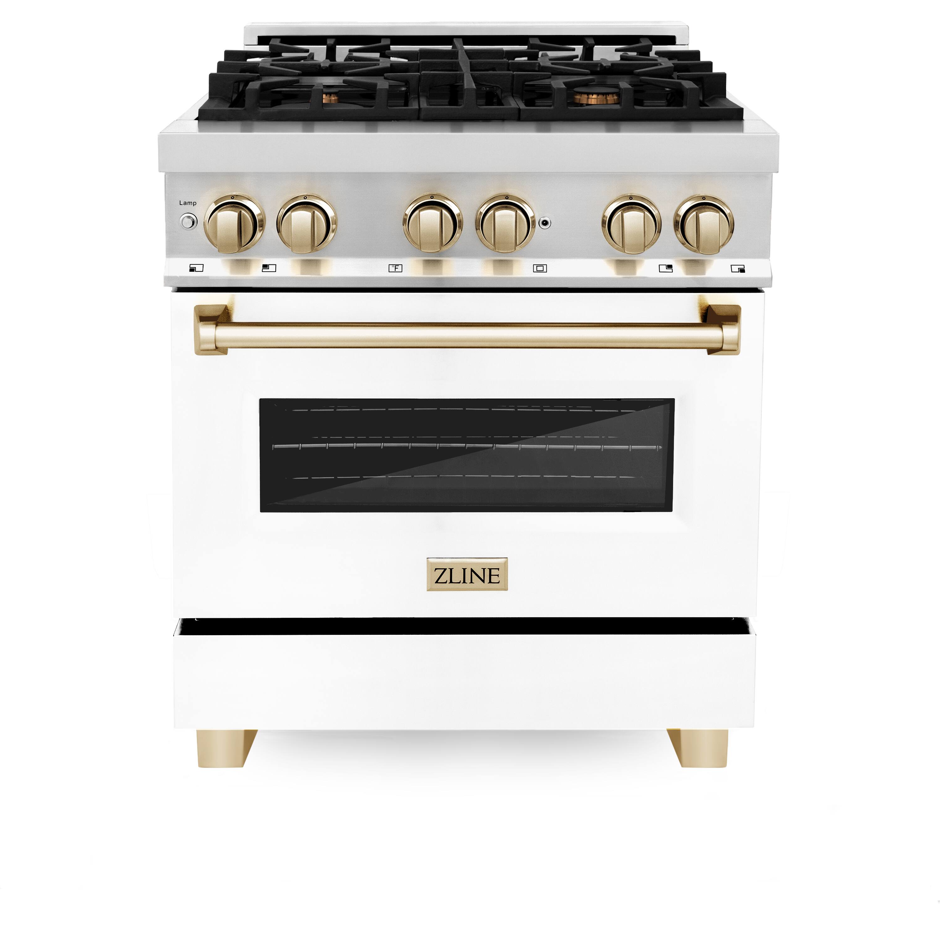ZLINE - Autograph 30" Legacy Dual Fuel Range w/ 4 Burners & White & Gold Accents (RAZ-WM-30-G) - Stainless Steel/Matte White