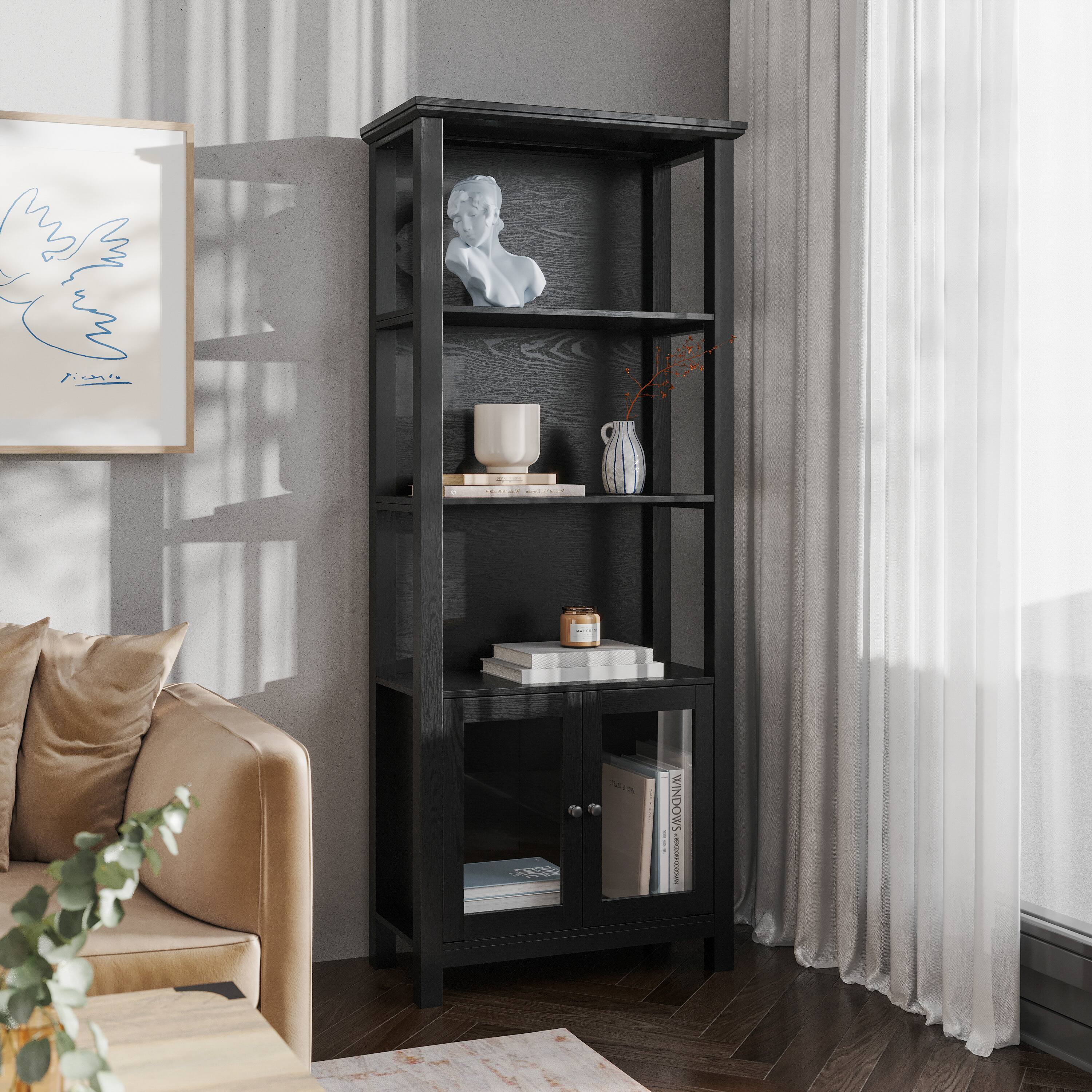 Front. Emma + Oliver - Dassie Modern Farmhouse Wooden Bookcase and Storage Cabinet with Tempered Glass Doors and 3 Upper Shelves - Black.