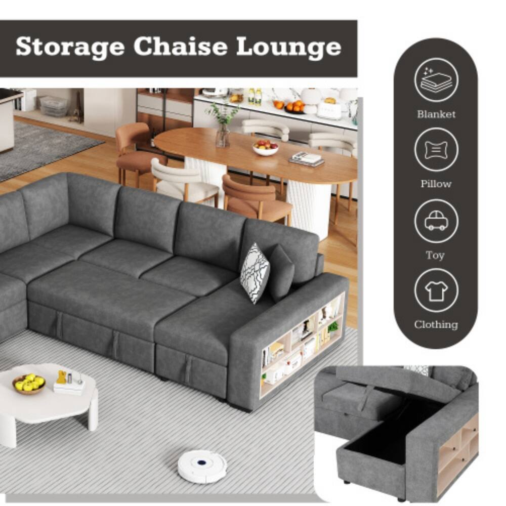 LUCKY ONE 109" U Shaped Pull Out Sectional Sofa Bed w/ USB Ports ...