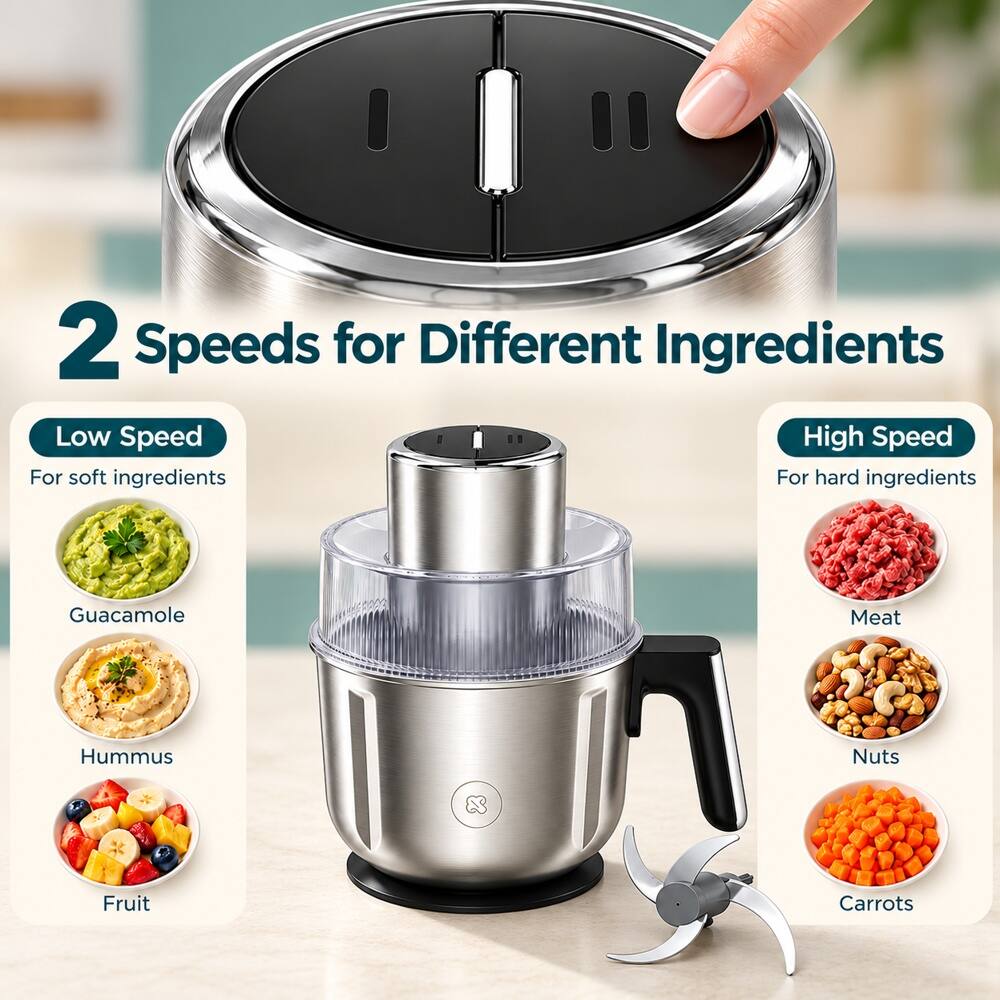 2 Speeds for Different Ingredients

Low Speed
For soft ingredients
- Guacamole
- Hummus
- Fruit

High Speed
For hard ingredients
- Meat
- Nuts
- Carrots