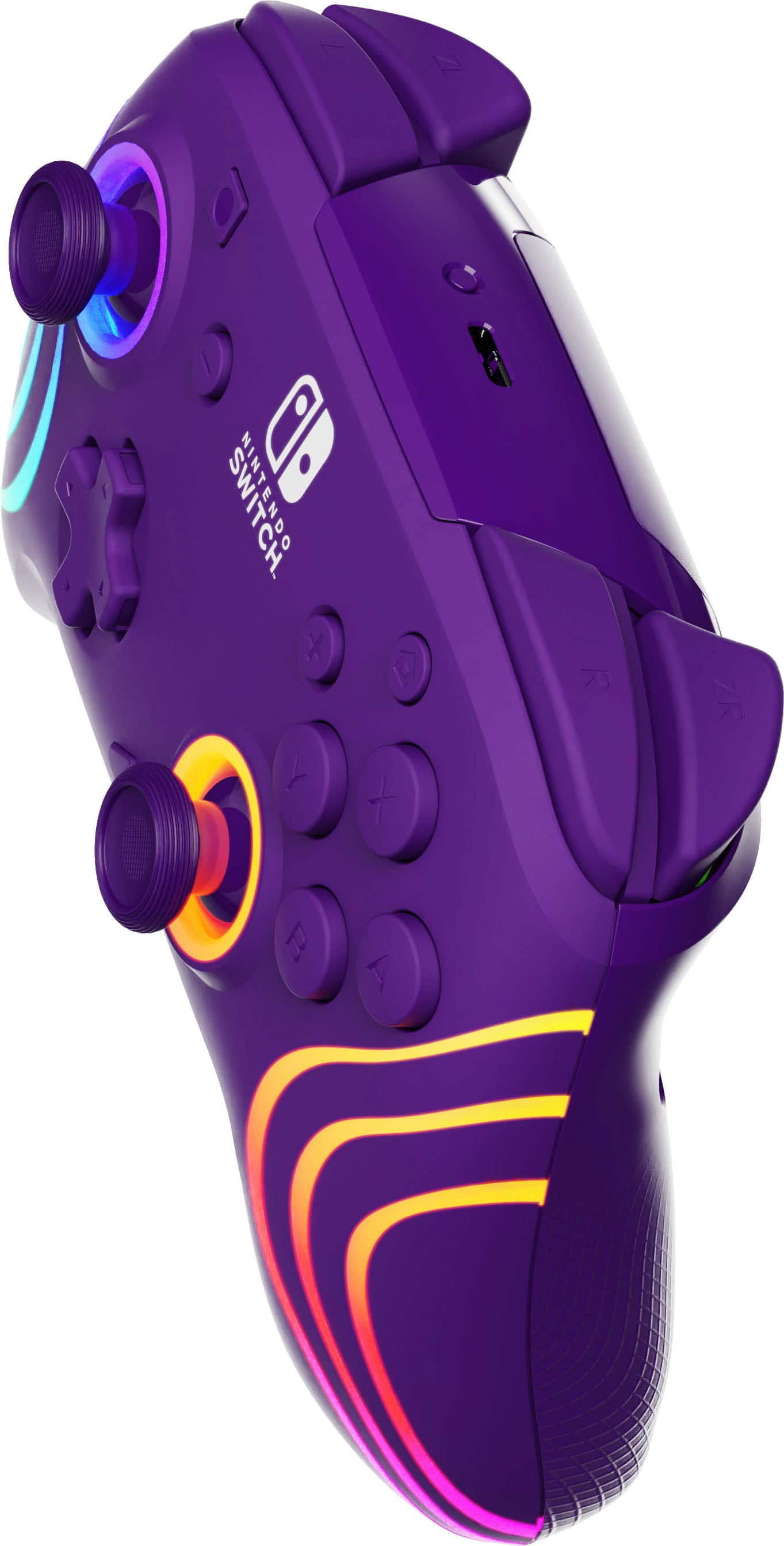 The image features a purple Nintendo Switch game controller. The controller has a purple color scheme and is designed for the Nintendo Switch gaming system. The controller is shown in a close-up view, highlighting its unique design and color.
