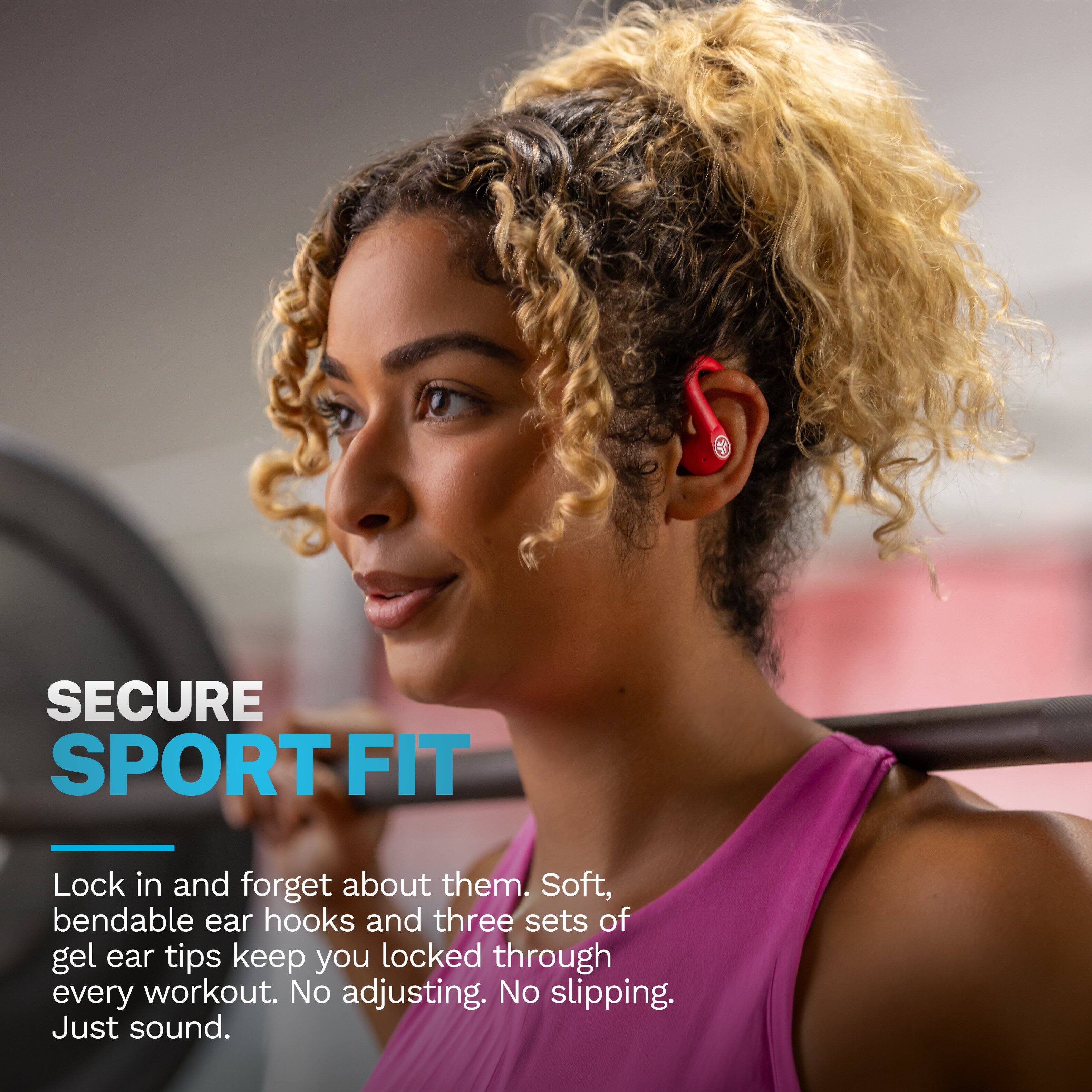 SECURE SPORT FIT

Lock in and forget about them. Soft, bendable ear hooks and three sets of gel ear tips keep you locked through every workout. No adjusting. No slipping. Just sound.