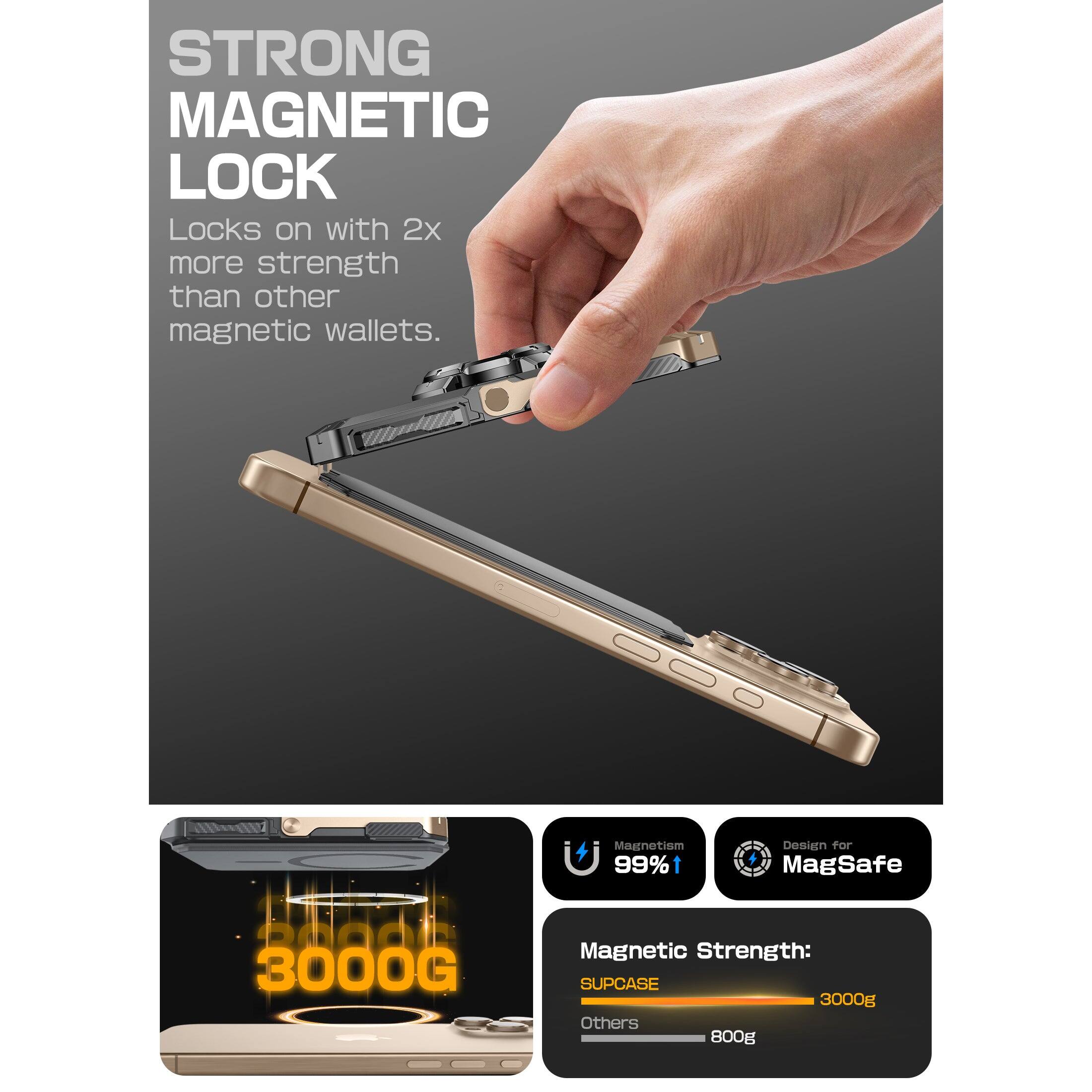 STRONG MAGNETIC LOCK  
Locks on with 2x more strength than other magnetic wallets.

Magnetism 99%  
Design for MagSafe

Magnetic Strength:  
SUPCASE 3000g  
Others 800g