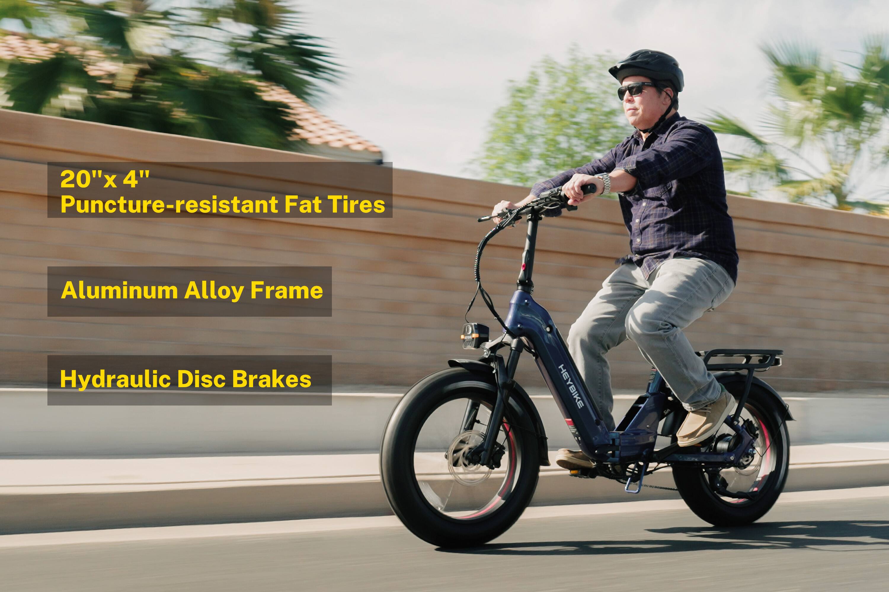 20"x 4" Puncture-resistant Fat Tires  
Aluminum Alloy Frame  
Hydraulic Disc Brakes  
HEYBIKE