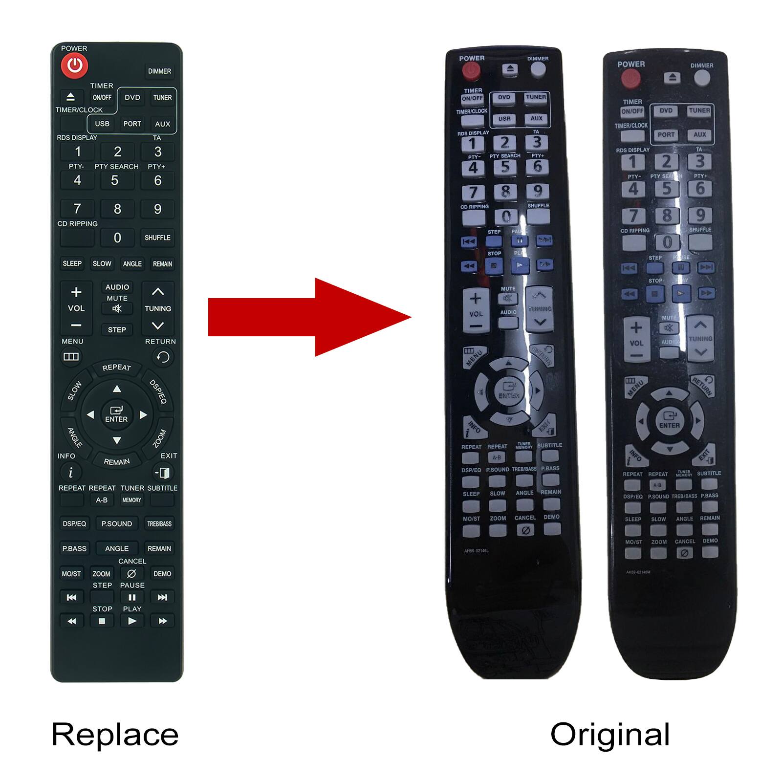 POWER  
TIMER ON/OFF  
TIMER/CLOCK  
DVD  
TUNER  
USB  
PORT  
AUX  
RDS DISPLAY  
TA  
1  
2  
3  
PTY:  
PTY SEARCH  
PTY:  
4  
5  
6  
7  
8  
9  
CD RIPPING  
0  
SHUFFLE  
SLEEP  
SLOW  
ANGLE  
REMAIN  
+  
AUDIO  
VOL  
MUTE  
TUNING  
STEP  
MENU  
RETURN  
REPEAT  
STOP  
PLAY  
ENTER  
INFO  
EXIT  
REPEAT  
A-B  
MEMORY  
SUBTITLE  
DISPLAY  
P- SOUND  
TREB/BASS  
P.BASS  
ANGLE  
REMAIN  
MOIST  
ZOOM  
DEMO  
STEP  
PAUSE  
STOP  
PLAY  
CANCEL  
MOIST  
ZOOM  
DEMO  
REMAIN  
SLEEP  
SLOW  
ANGLE  
REMAIN  
MOIST  
ZOOM  
DEMO  
TIMER ON/OFF  
TIMER/CLOCK  
USB  
PORT  
AUX  
RDS DISPLAY  
TA  
1  
2  
3  
PTY:  
PTY SEARCH  
PTY:  
4  
5  
6  
7  
8  
9  
CD RIPPING  
0  
SHUFFLE  
SLEEP