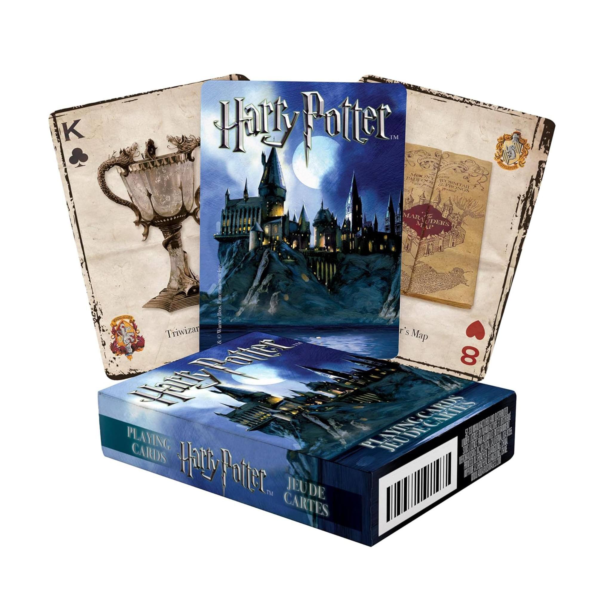 Sure, here is the corrected and grouped text from the image:

---

**Front of the Box:**
- Harry Potter
- PLAYING CARDS
- JEU DE CARTES

**Back of the Box:**
- Harry Potter
- PLAYING CARDS
- JEU DE CARTES

**Playing Cards:**
- K (Club)
- Harry Potter
- Trivizar
- Map 8
- Pau
- Triwizard War
- Marauders Map
- Harry Potter
- PLAYING CARDS
- JEU DE CARTES

**Additional Text:**
- Harry Potter
- Marauders Map
- Triwizard War
- Harry Potter
- PLAYING CARDS
- JEU DE CARTES

--- 

This text is grouped based on the visible elements on the box and the playing cards.